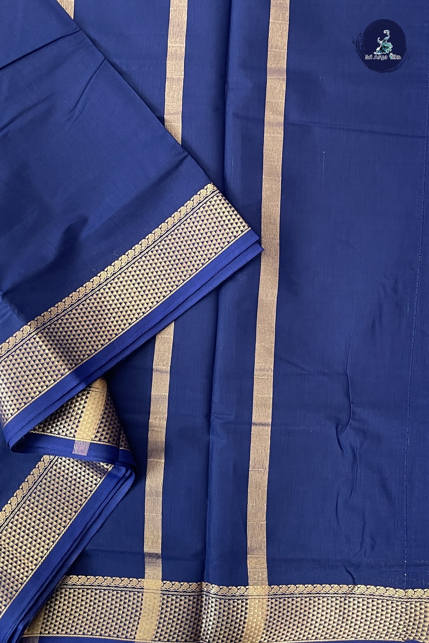 Navy Blue Madisar Semi Silk Cotton Saree With Plain Pattern