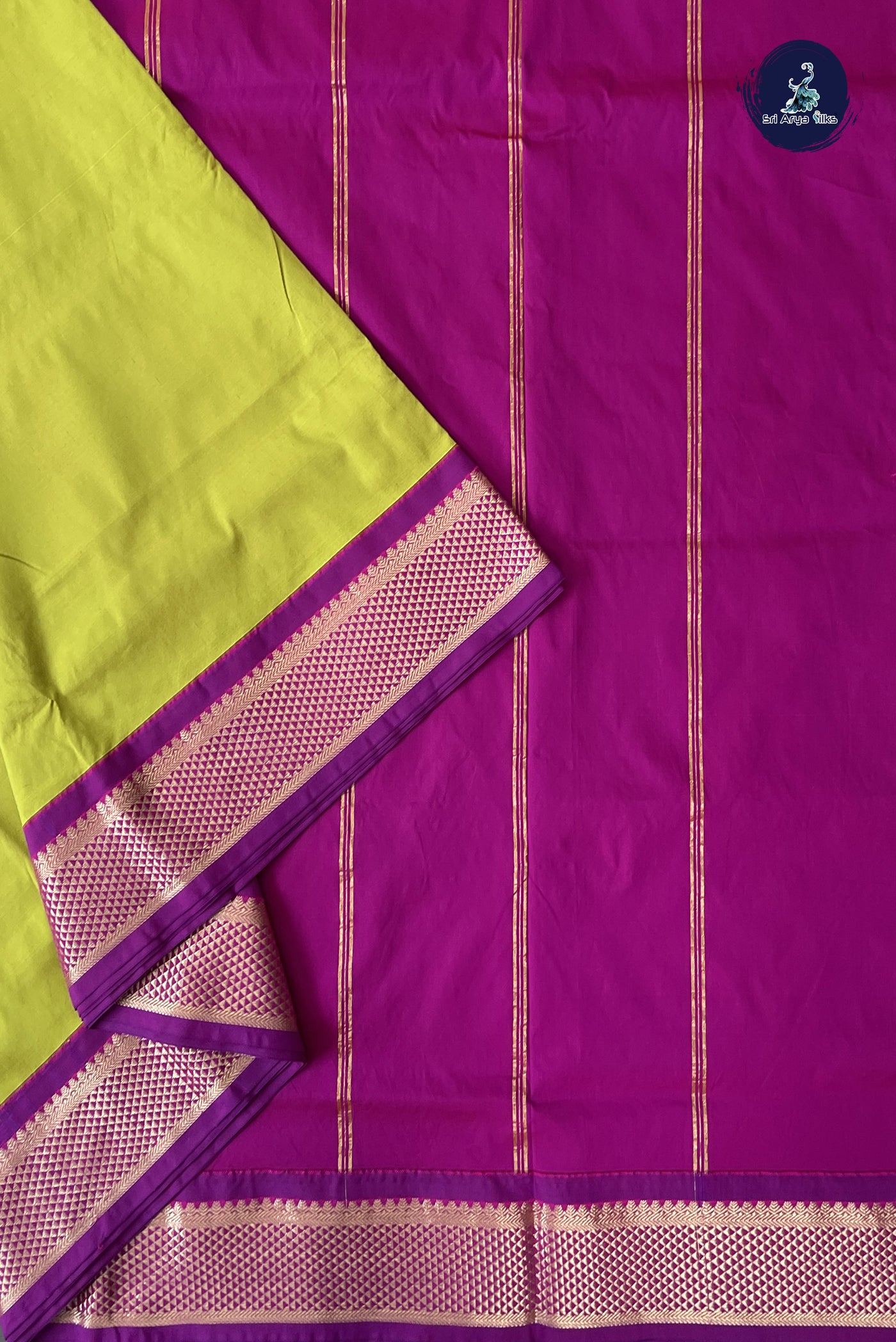 Lime Green Madisar Semi Silk Saree With Plain Pattern