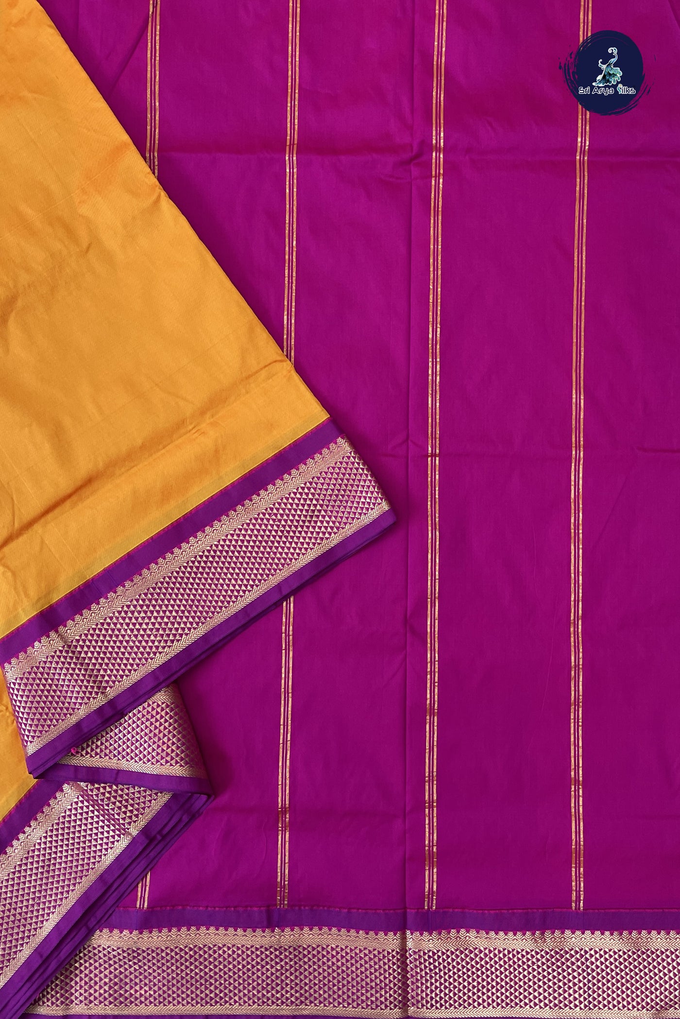 Yellowish Orange Madisar Semi Silk Saree With Plain Pattern