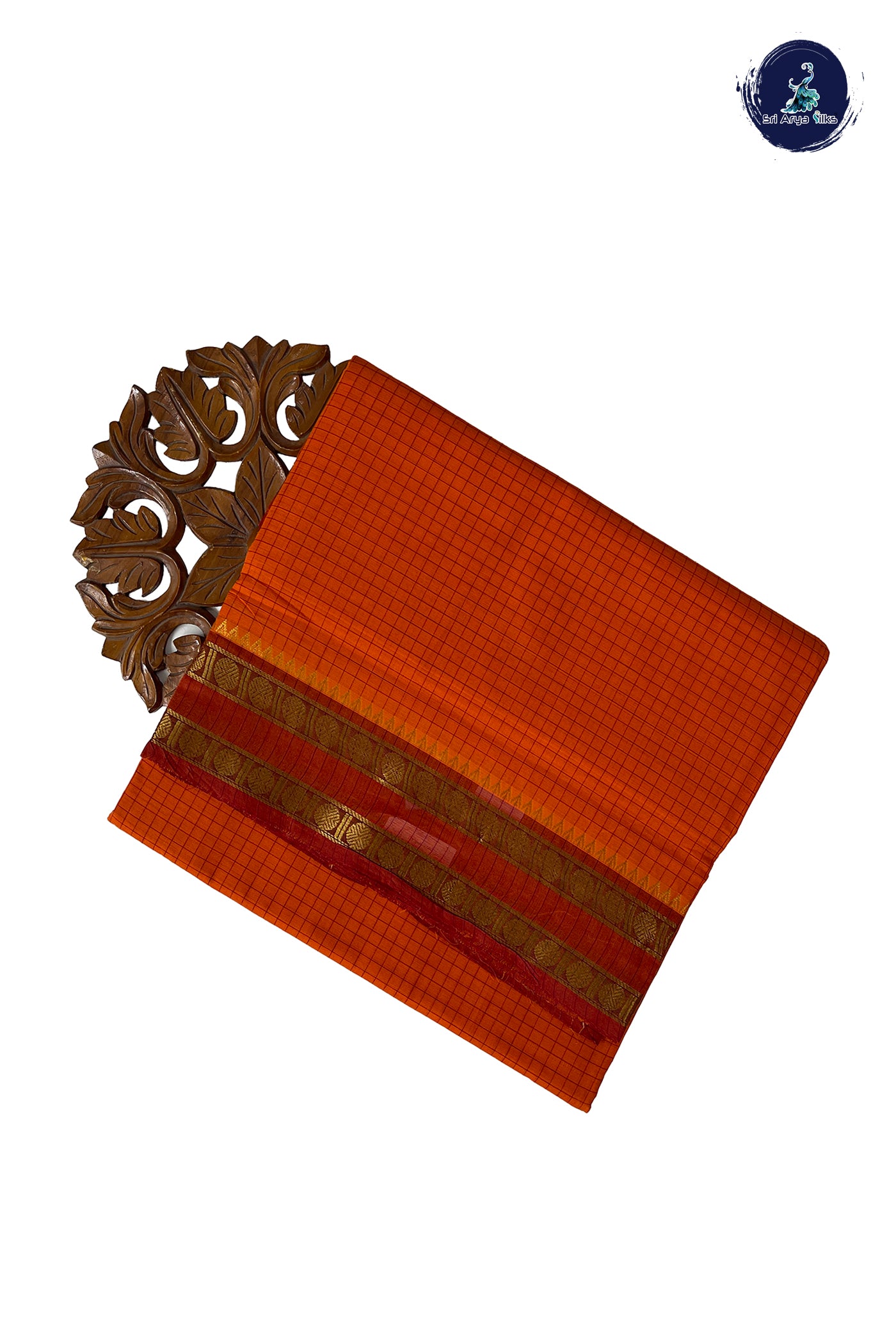 Orange 10 Yards Madisar Cotton Saree With Checked Pattern