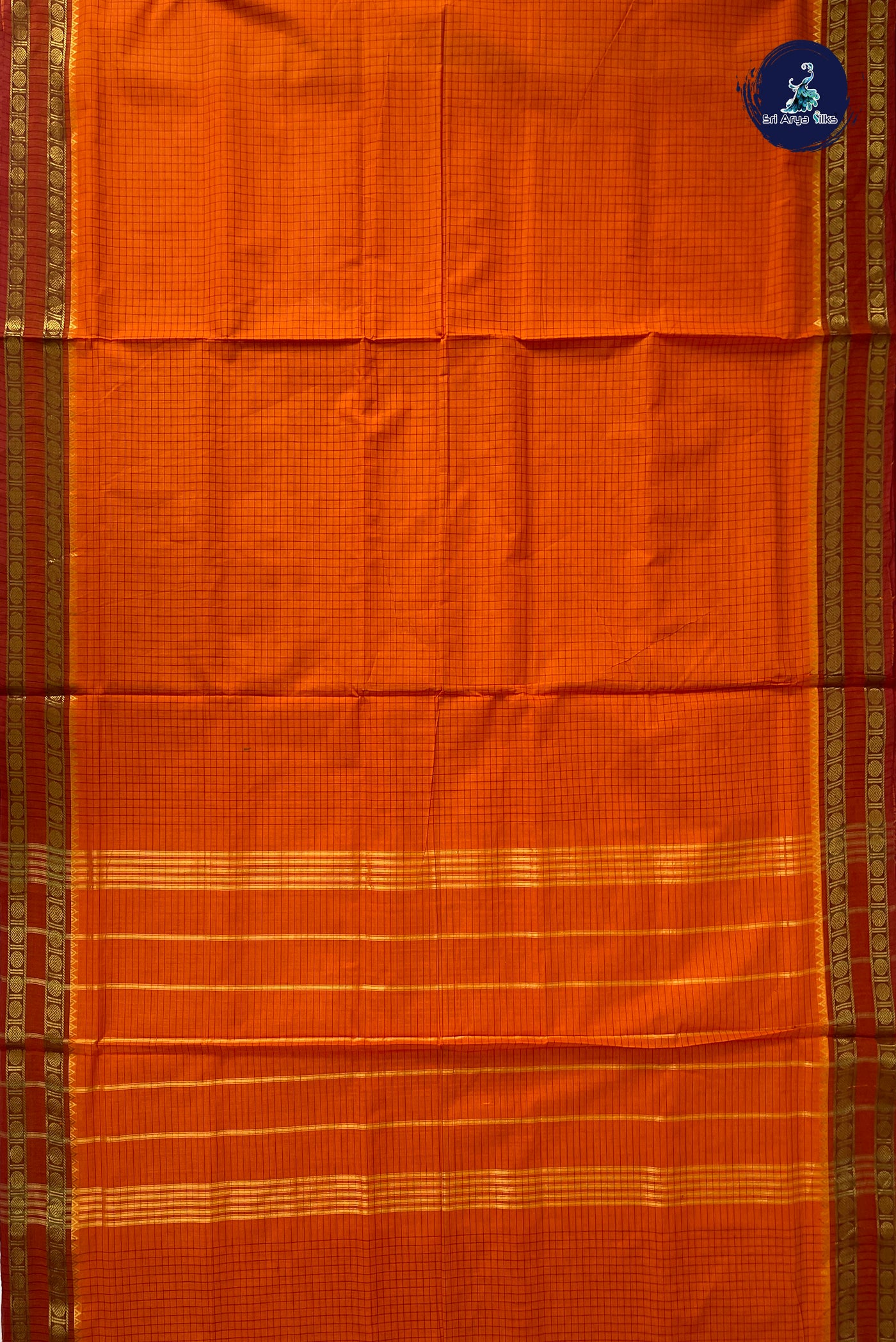 Orange 10 Yards Madisar Cotton Saree With Checked Pattern