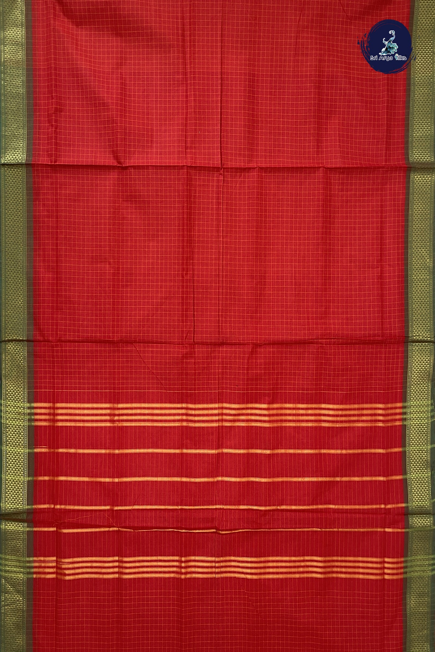 Red 10 Yards Madisar Cotton Saree With Checked Pattern