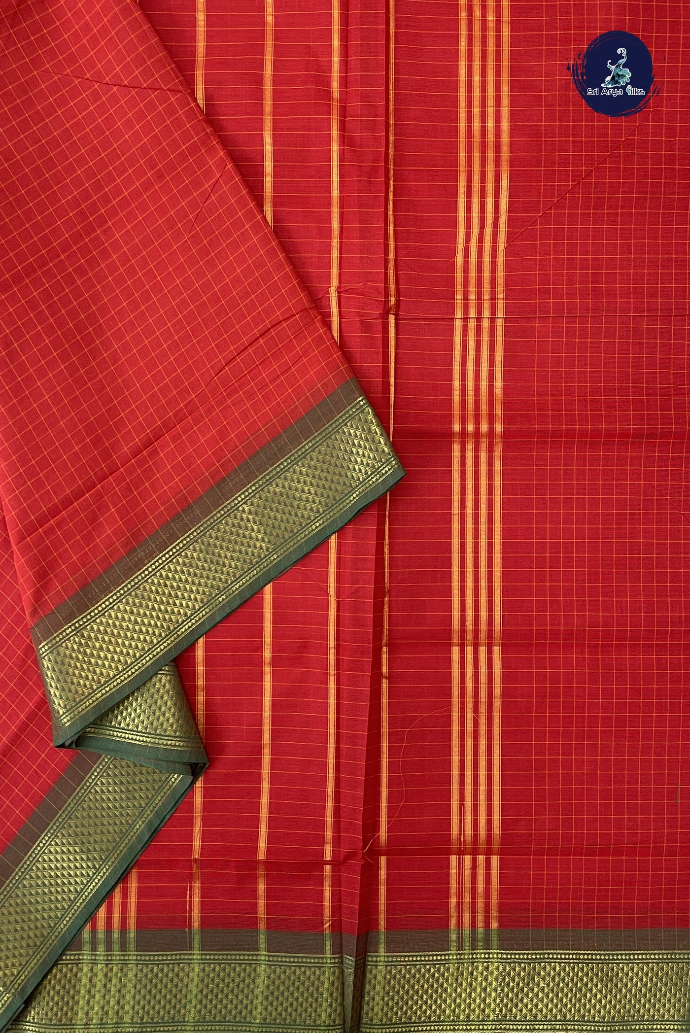 Red 10 Yards Madisar Cotton Saree With Checked Pattern