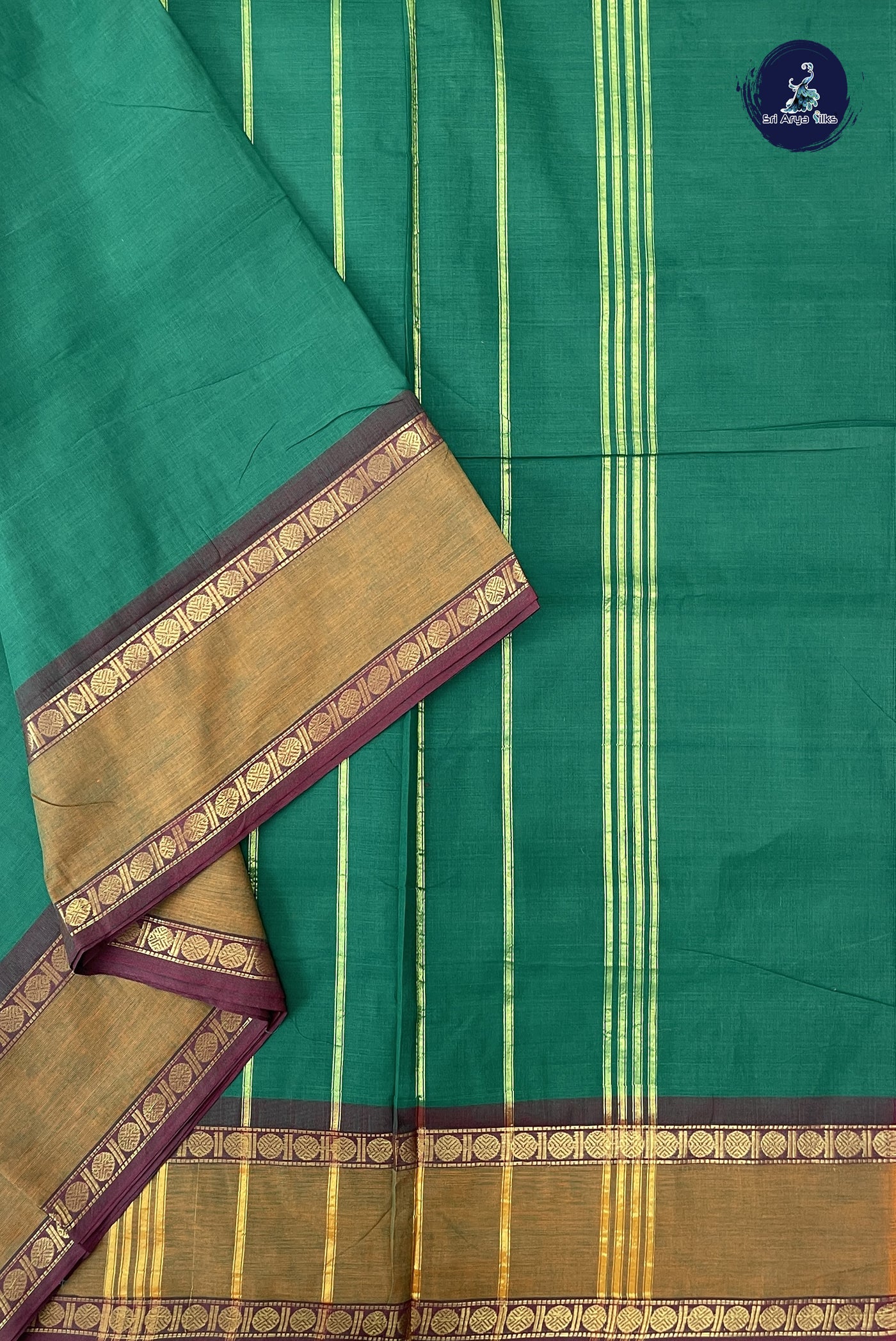 Green 10 Yards Madisar Cotton Saree With Plain Pattern