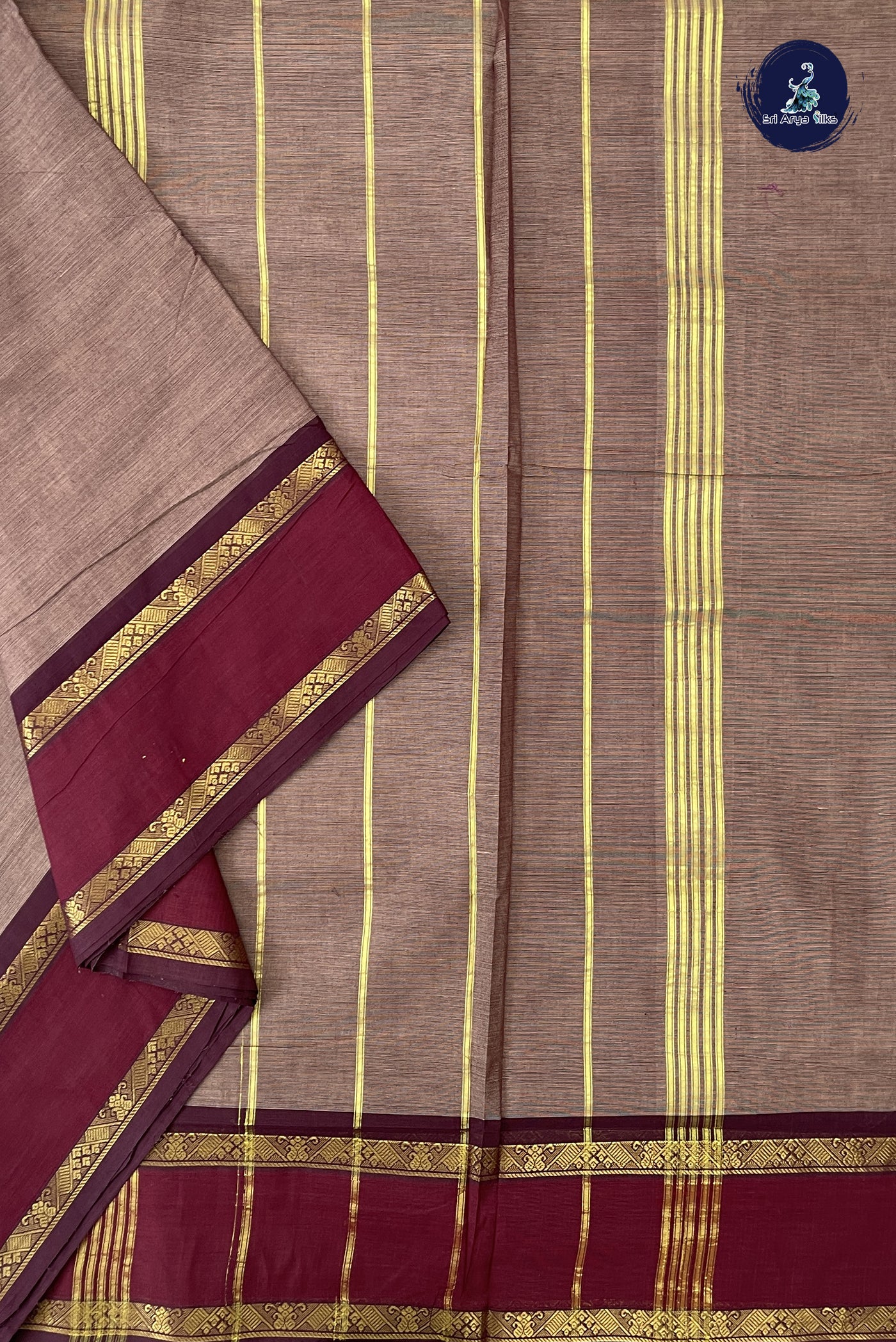 Light Brown 10 Yards Madisar Cotton Saree With Plain Pattern