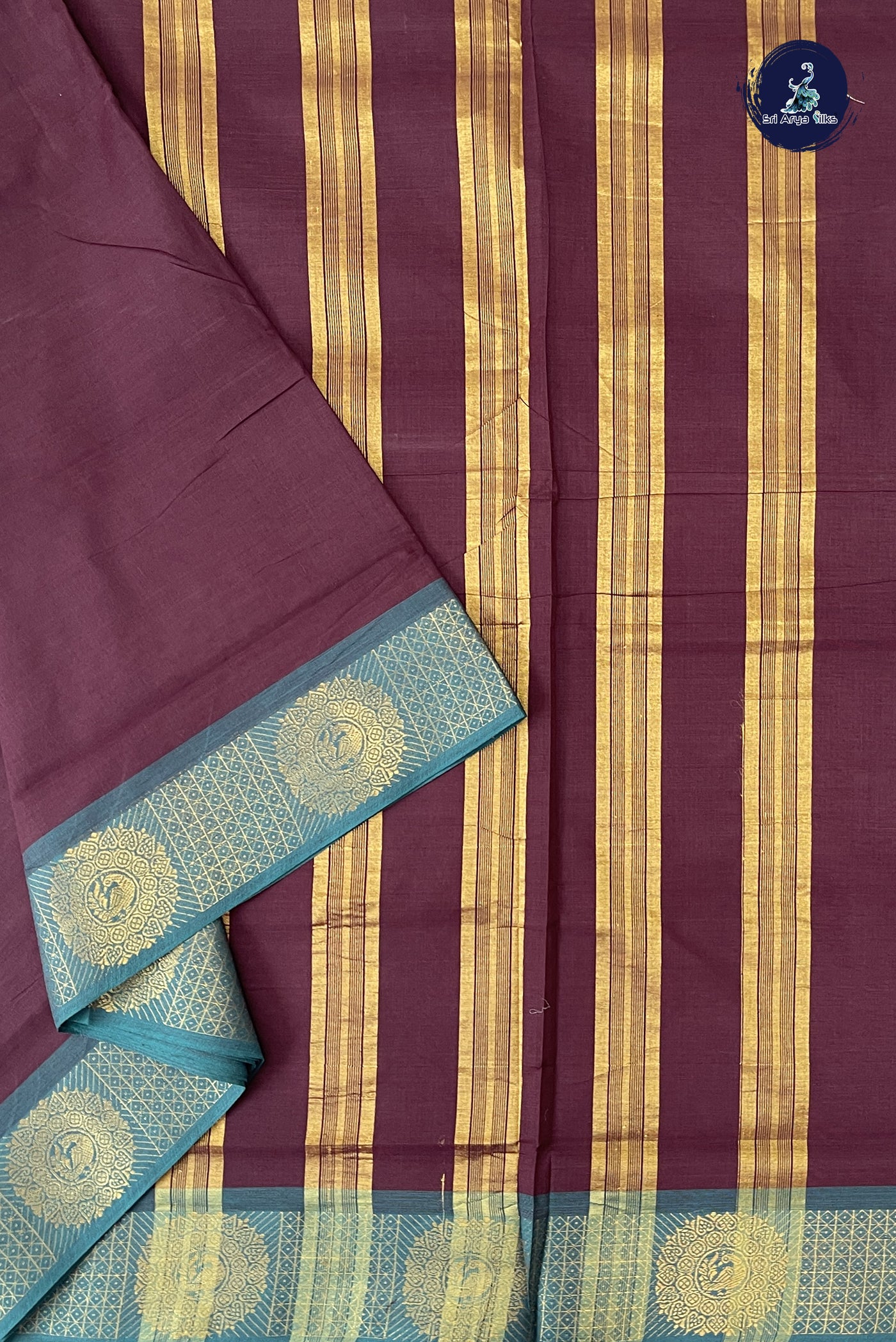 Brown 10 Yards Madisar Cotton Saree With Plain Pattern