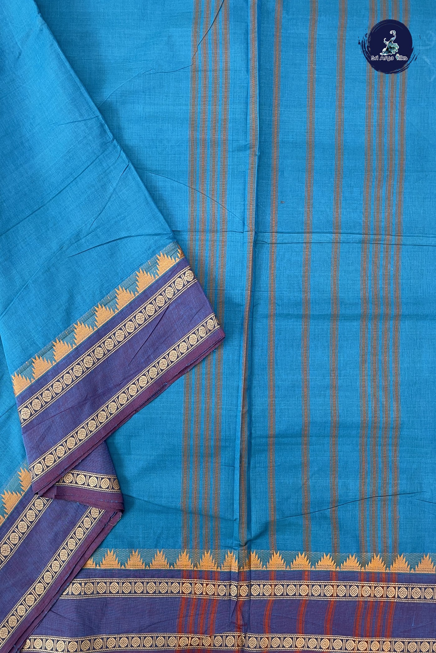 Blue 10 Yards Madisar Cotton Saree With Plain Pattern