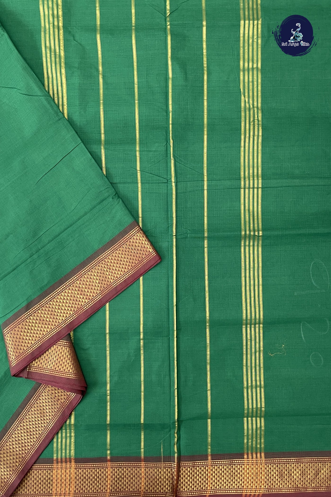 Green 10 Yards Madisar Cotton Saree With Plain Pattern