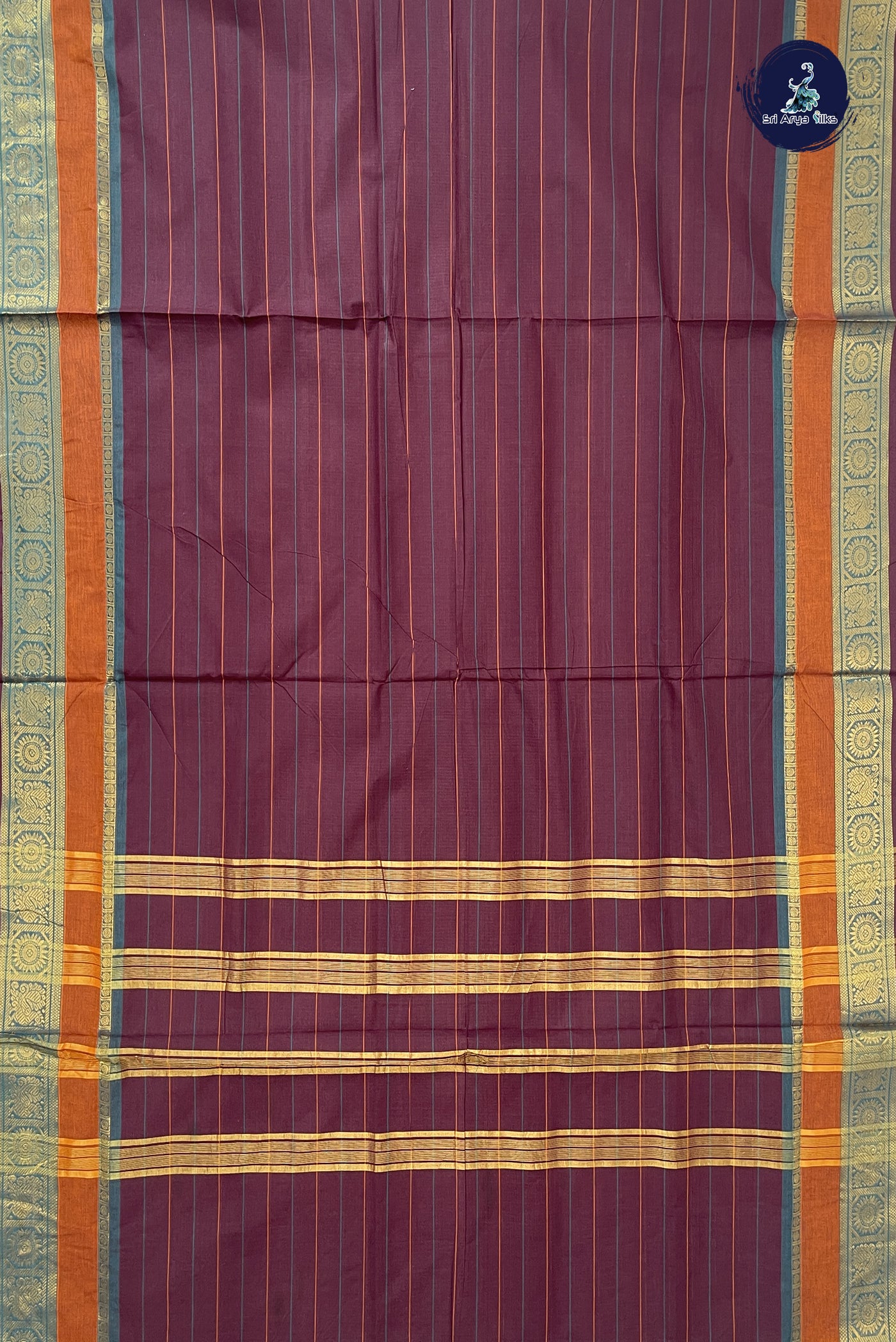 Brown 10 Yards Madisar Cotton Saree With Stripes Pattern