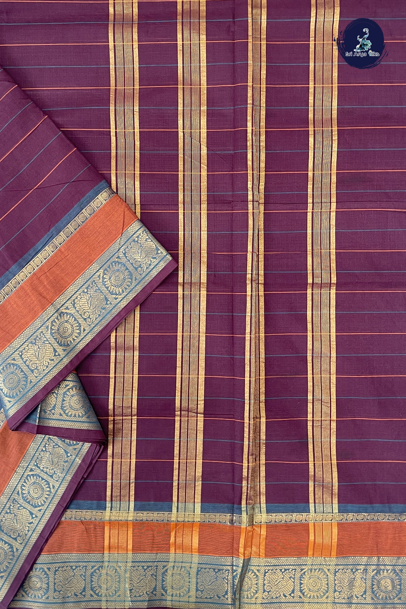 Brown 10 Yards Madisar Cotton Saree With Stripes Pattern
