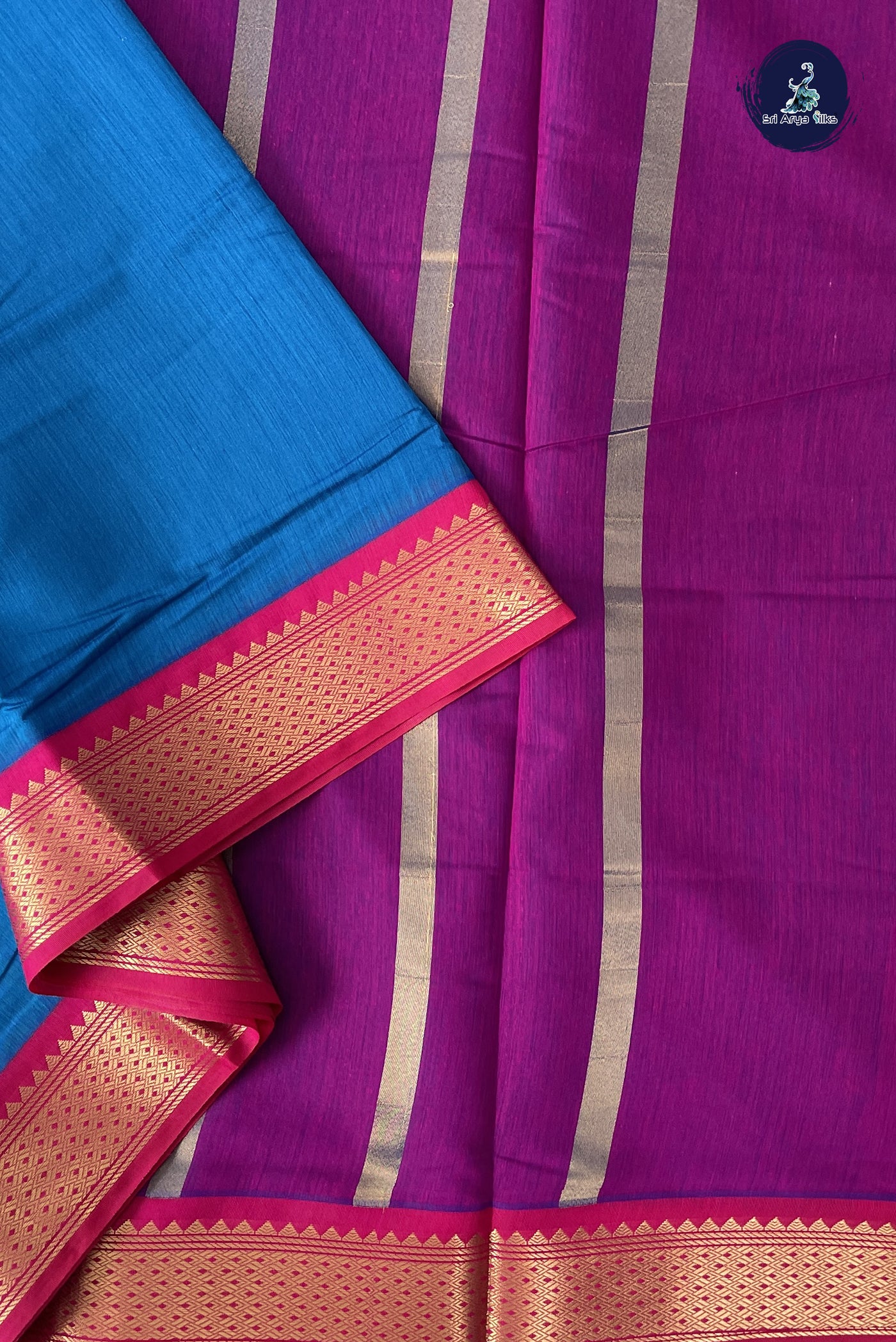 Sapphire Blue Madisar Semi Silk Cotton Saree With Plain Pattern