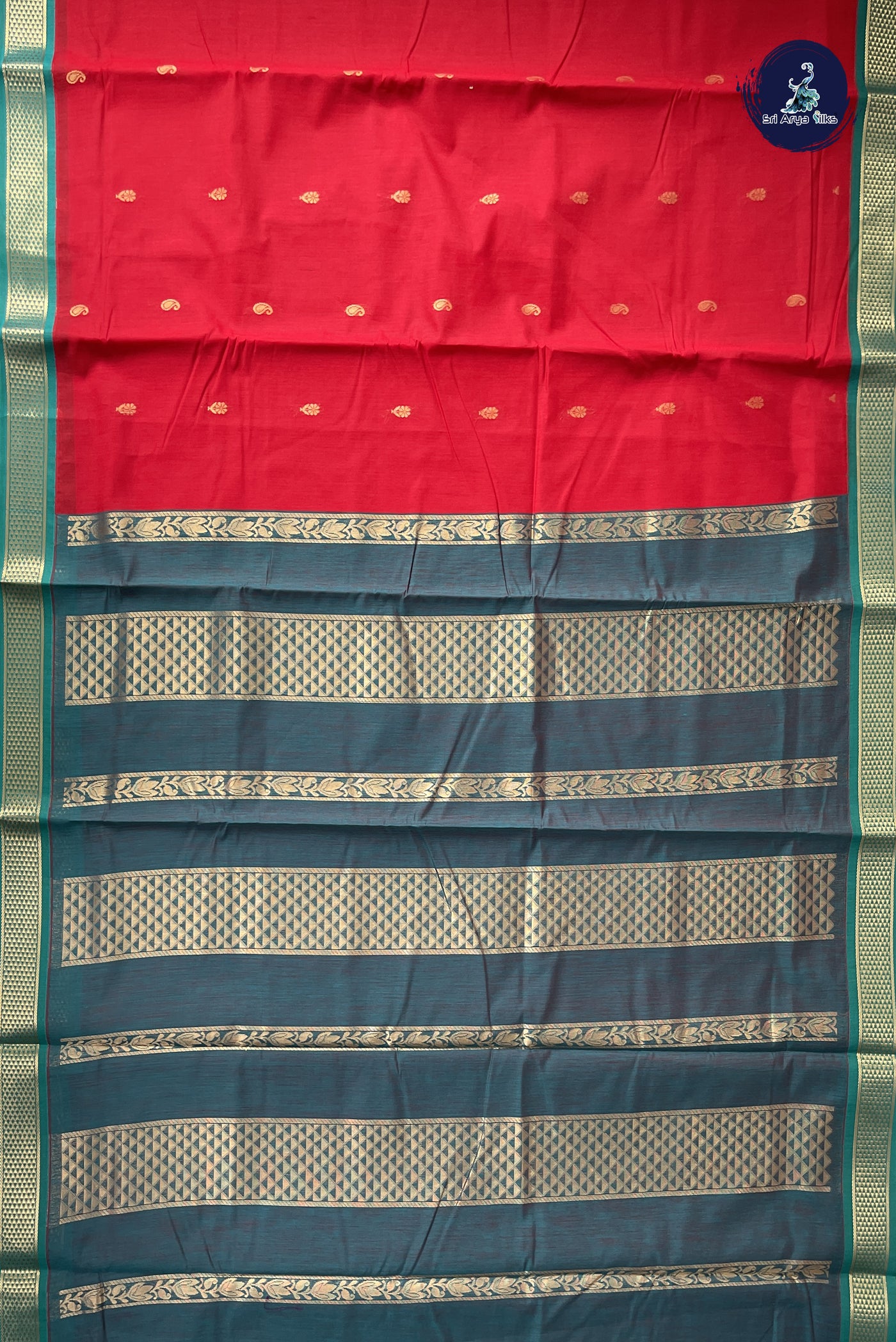 Red Madisar Semi Silk Cotton Saree With Zari Buttas Pattern