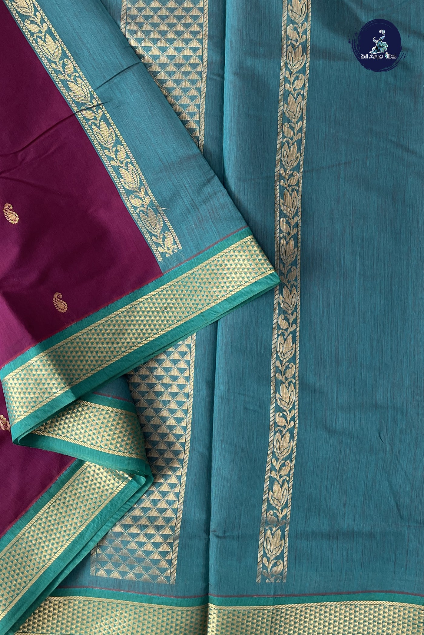 Dual Tone Wine Madisar Semi Silk Cotton Saree With Zari Buttas Pattern