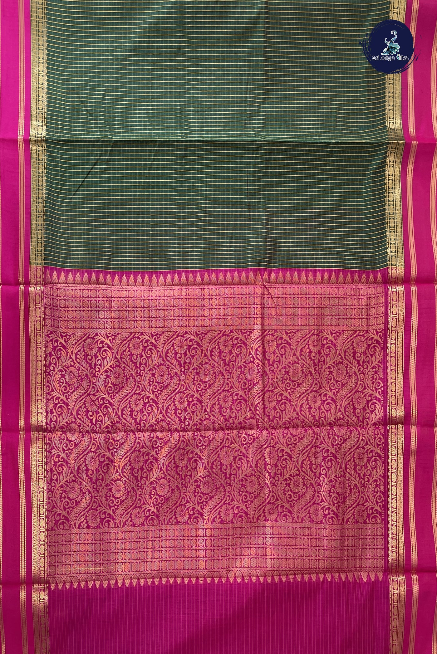 Dark Green Madisar Semi Silk Cotton Saree With Checked Pattern