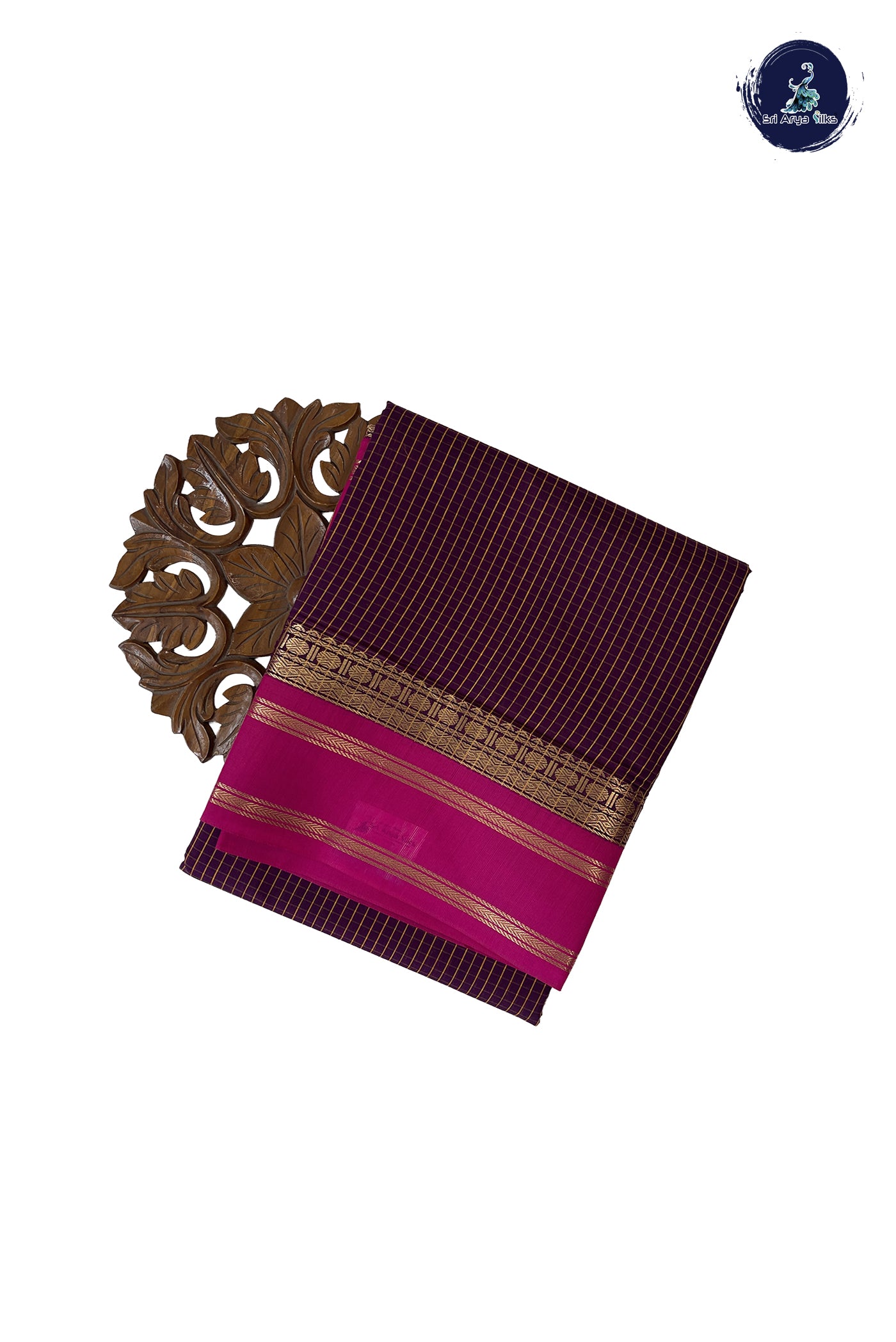 Dual Tone Wine Madisar Semi Silk Cotton Saree With Checked Pattern