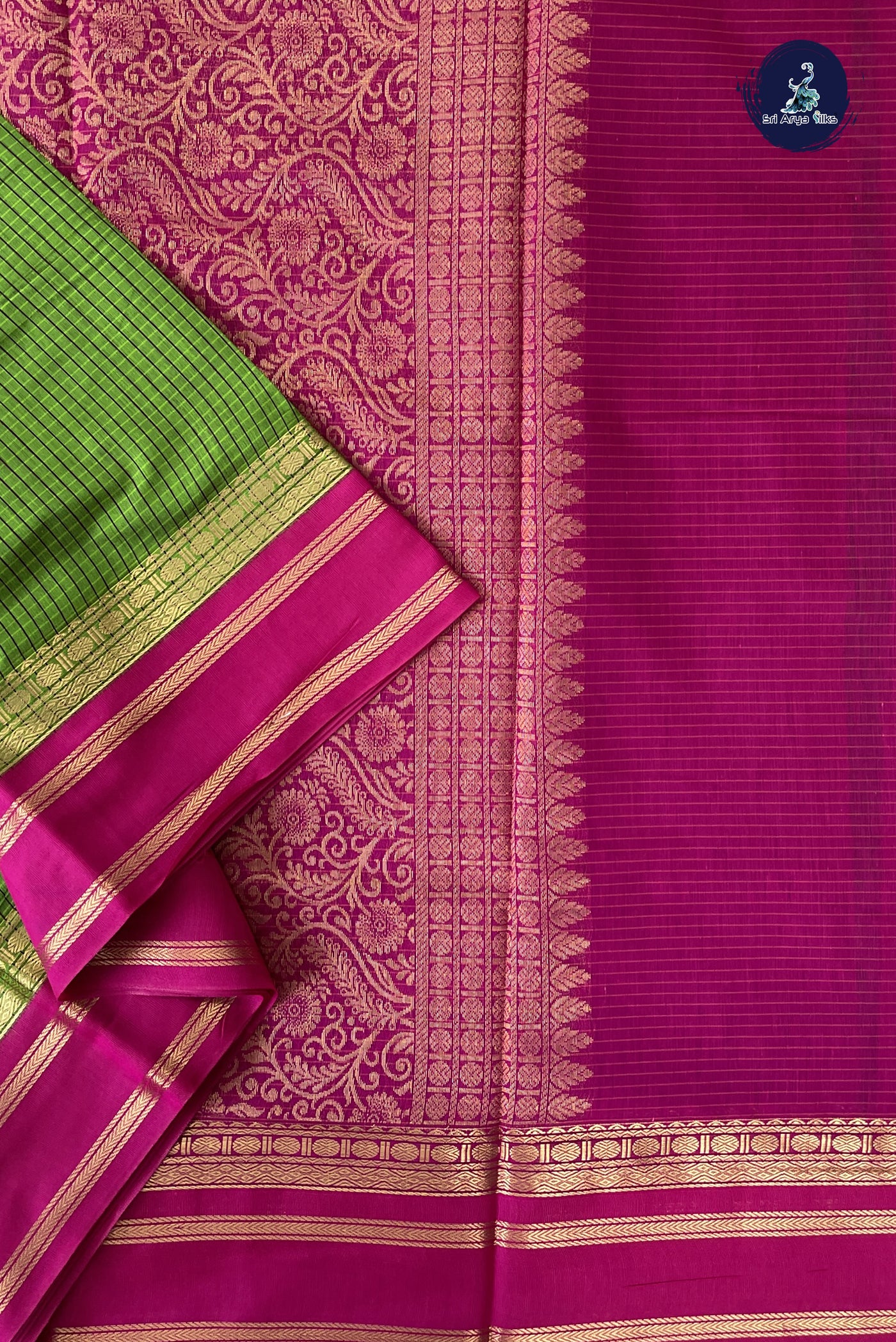 Light Green Madisar Semi Silk Cotton Saree With Checked Pattern
