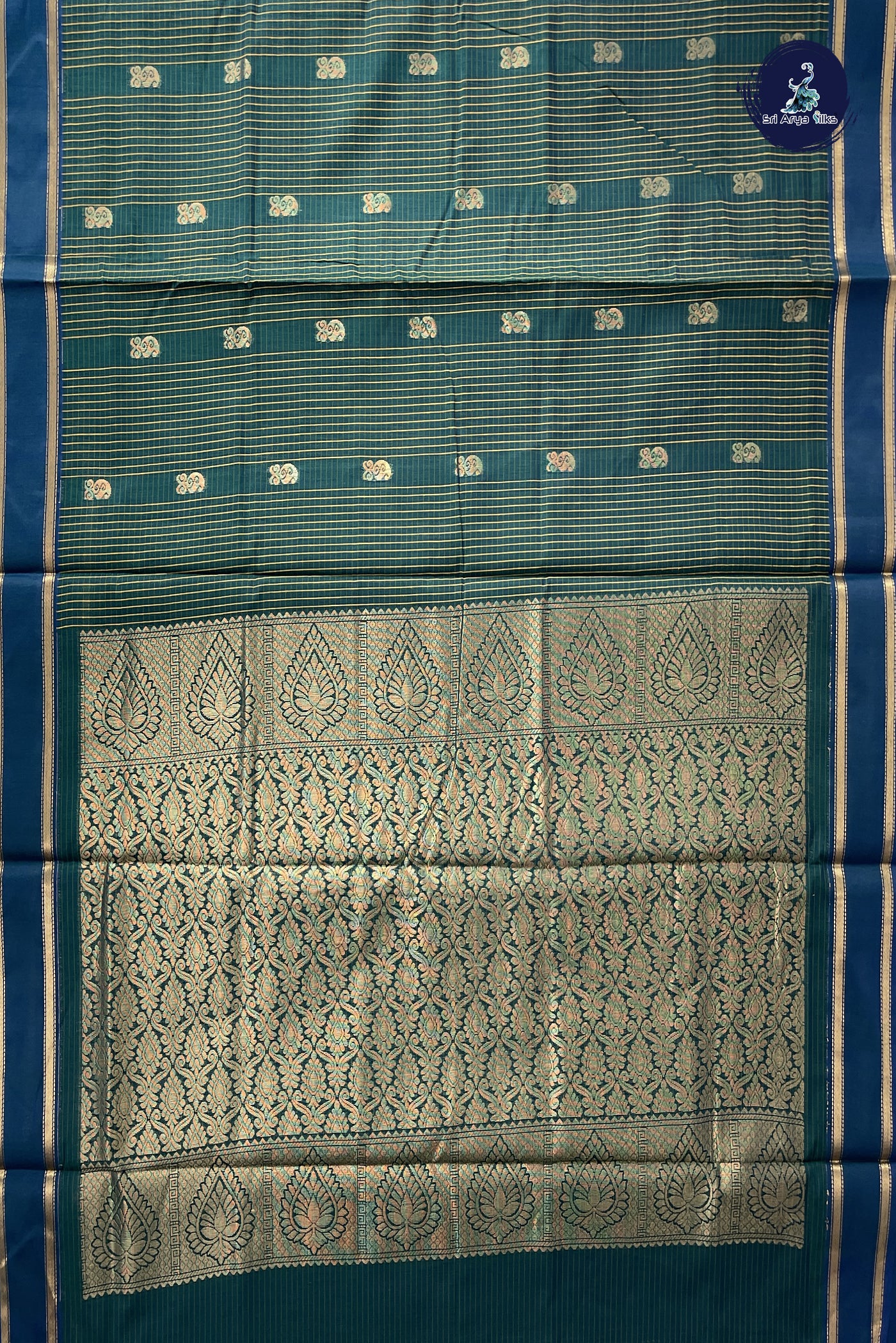 Bluish Green Madisar Semi Silk Cotton Saree With Checked Pattern
