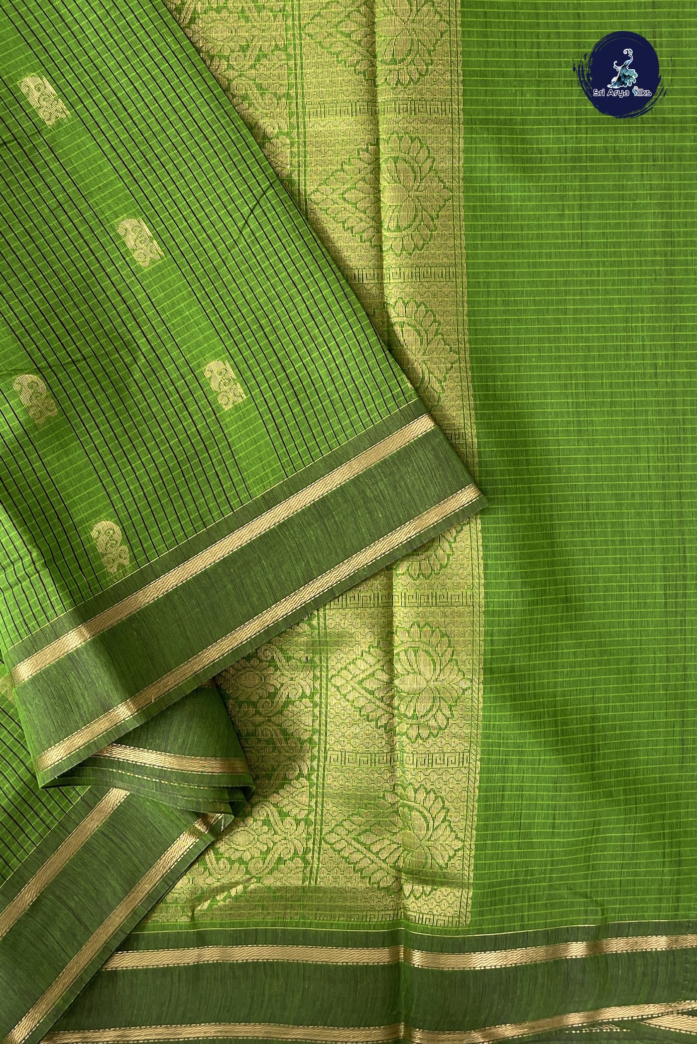 Light Green Madisar Semi Silk Cotton Saree With Checked Pattern