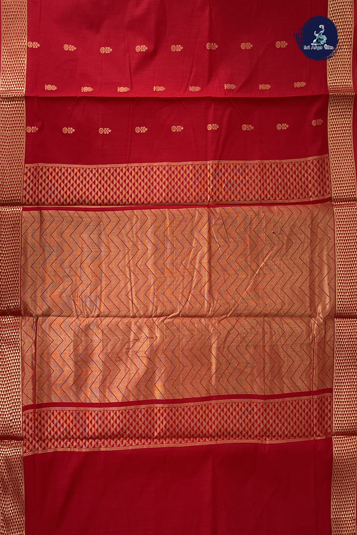 Red Madisar Semi Silk Cotton Saree With Zari Buttas Pattern