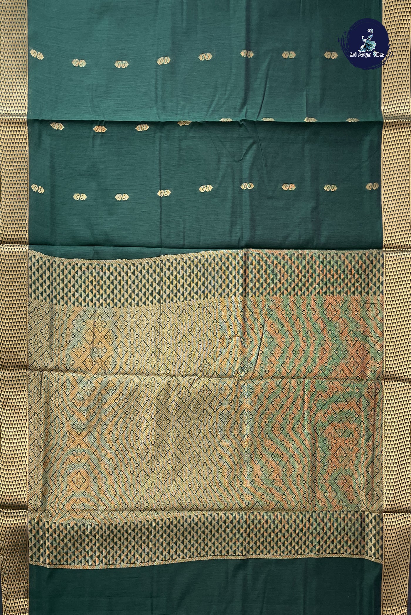 Dark Green Madisar Semi Silk Cotton Saree With Zari Buttas Pattern