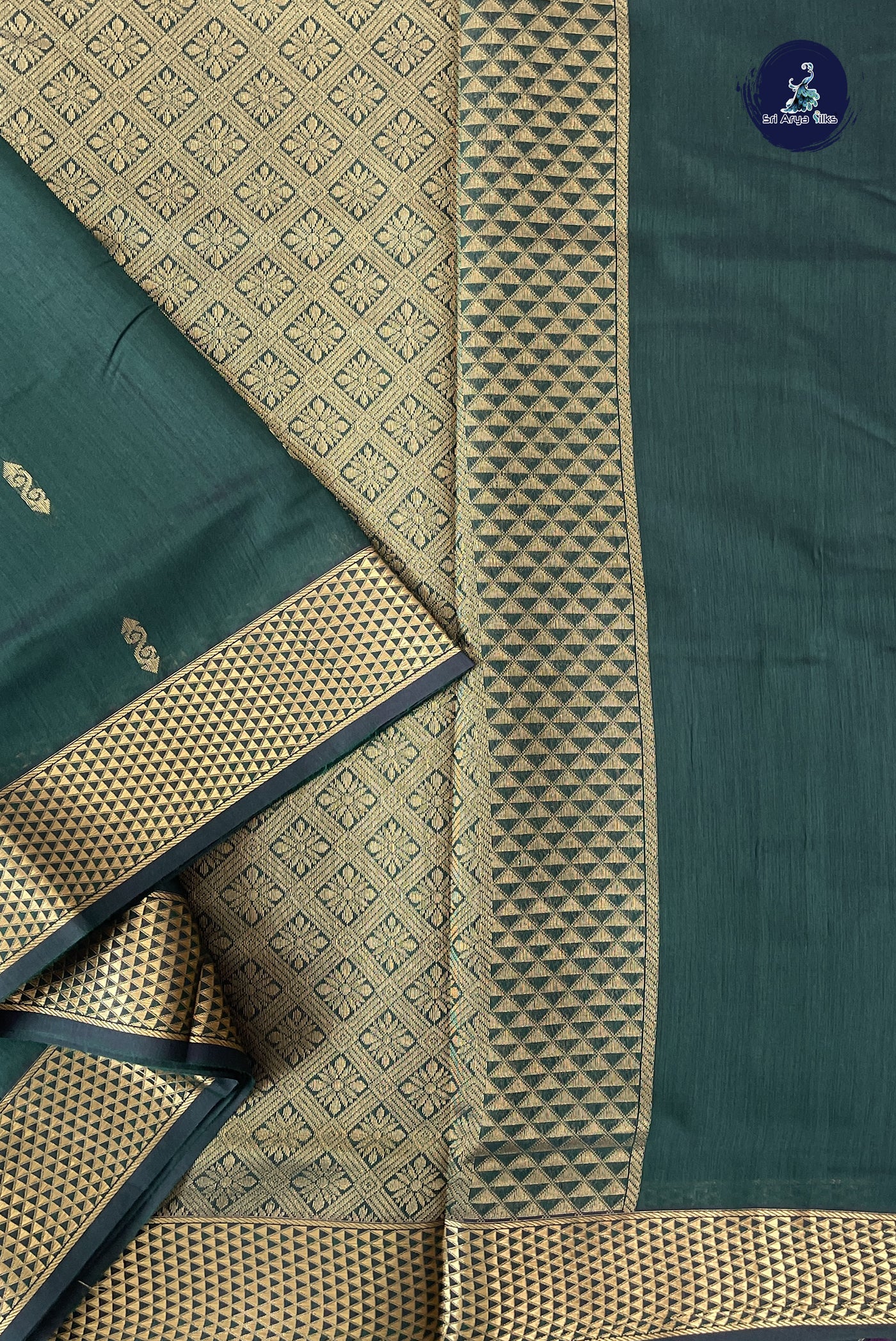 Dark Green Madisar Semi Silk Cotton Saree With Zari Buttas Pattern