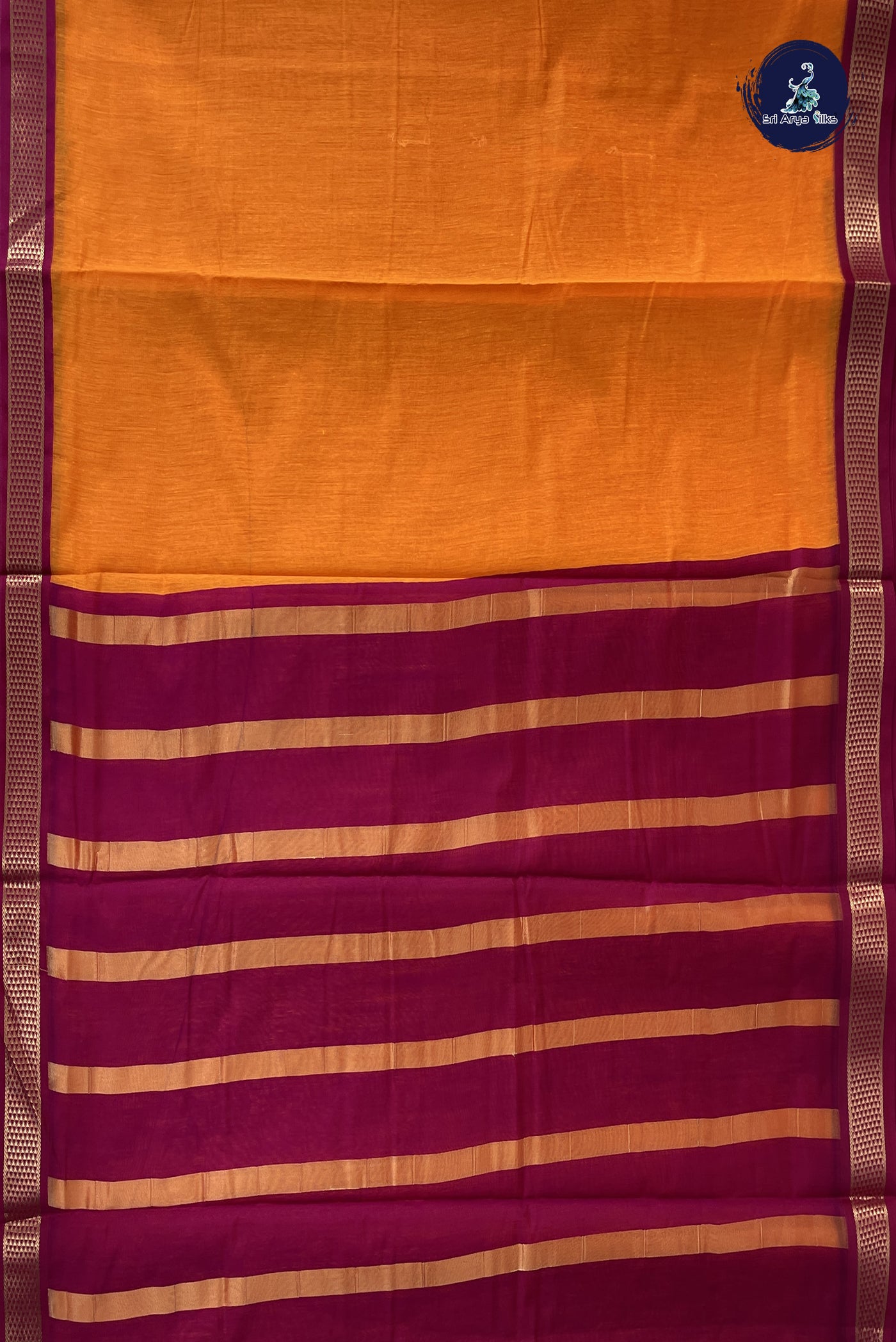 Yellowish Orange Madisar Semi Silk Cotton Saree With Plain Pattern