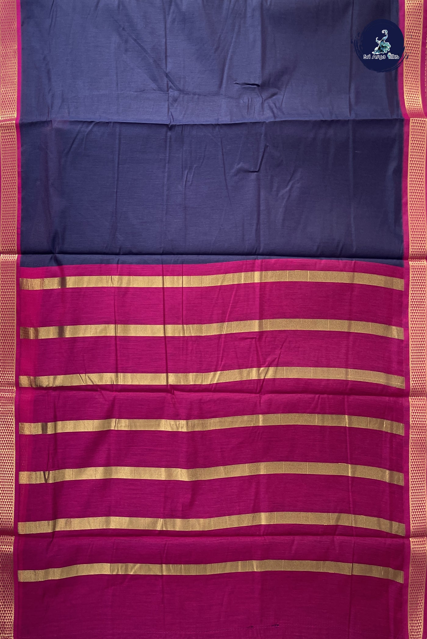 Navy Blue Madisar Semi Silk Cotton Saree With Plain Pattern