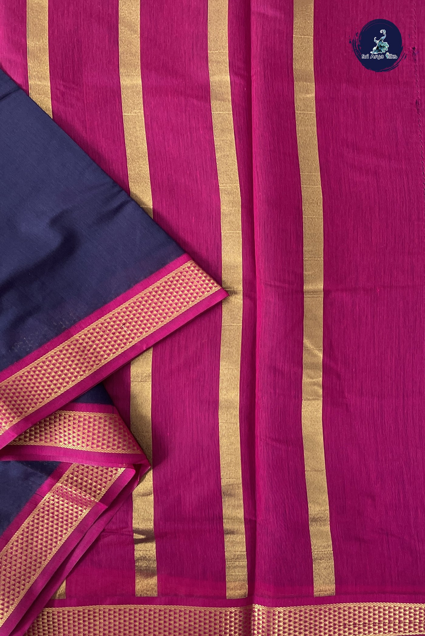 Navy Blue Madisar Semi Silk Cotton Saree With Plain Pattern
