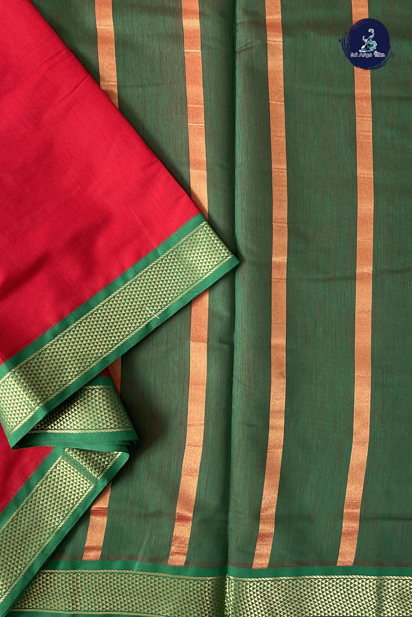 Red Madisar Semi Silk Cotton Saree With Plain Pattern