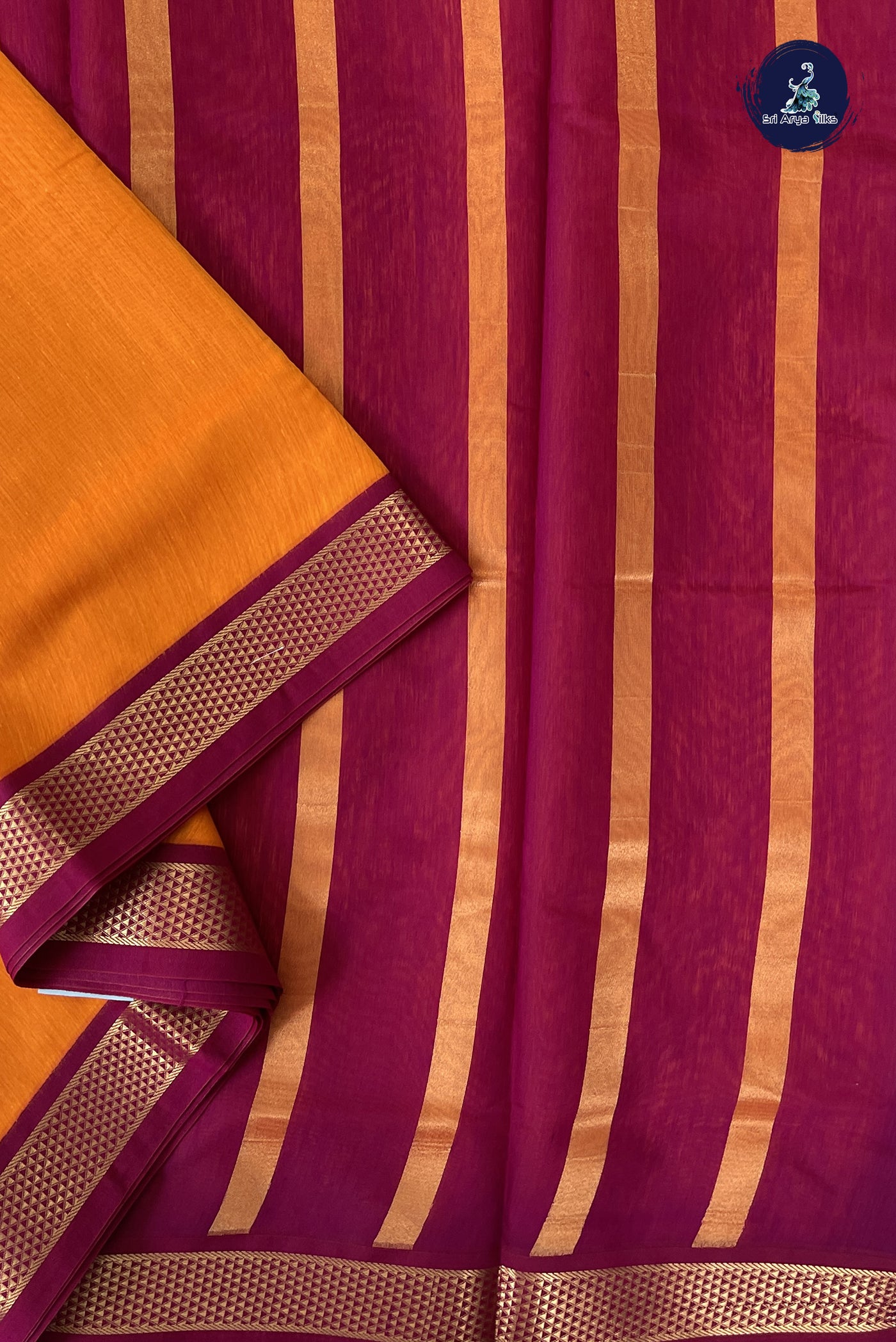 Yellowish Orange Madisar Semi Silk Cotton Saree With Plain Pattern
