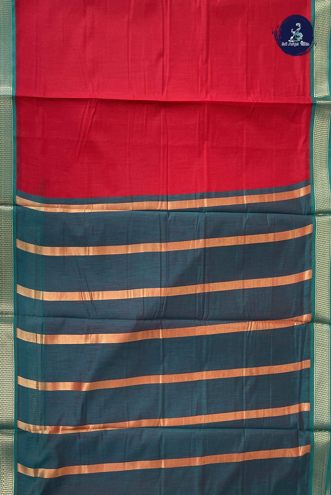 Red Madisar Semi Silk Cotton Saree With Plain Pattern