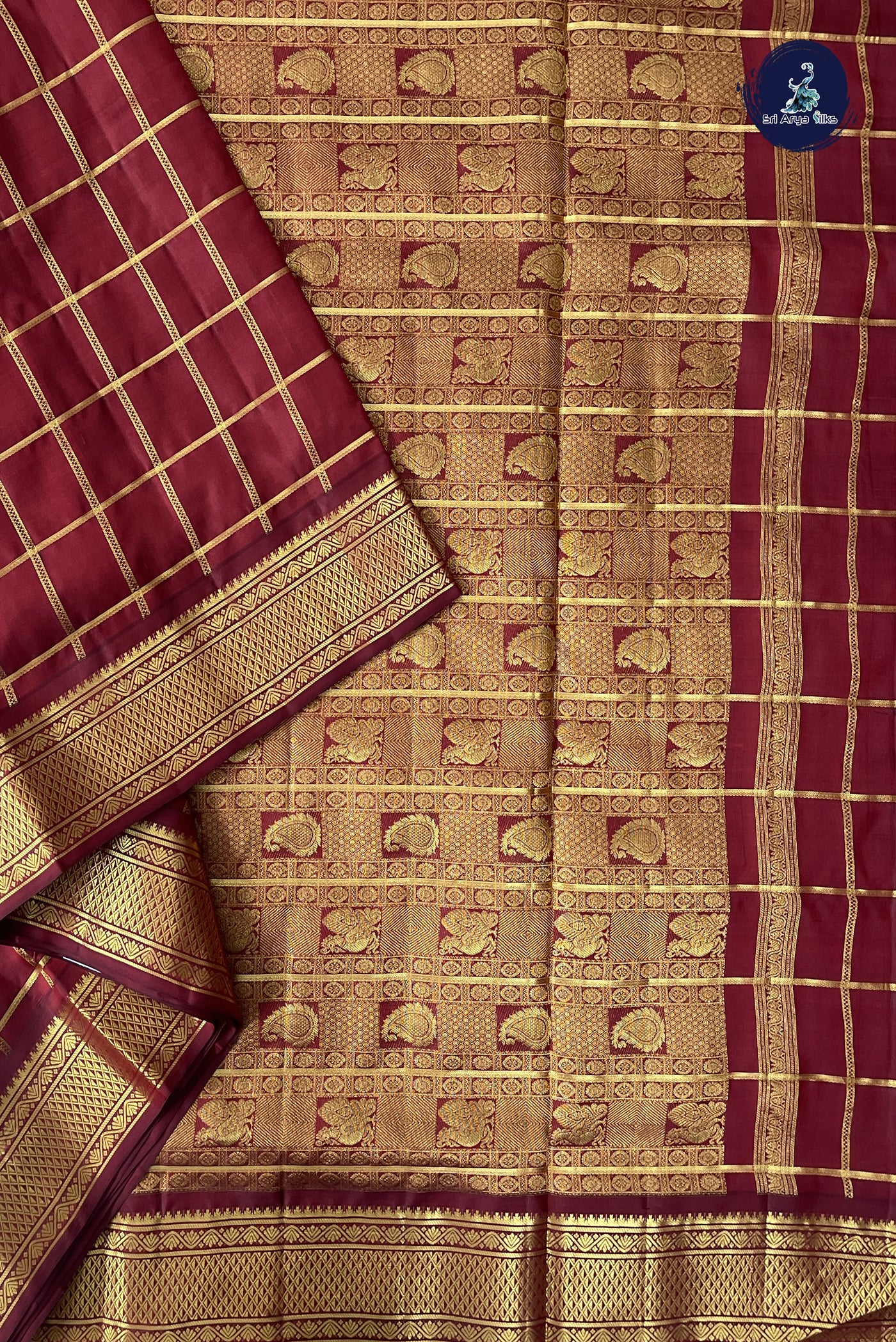 Maroon Madisar 10 Yards Silk Saree With Zari Checked Pattern