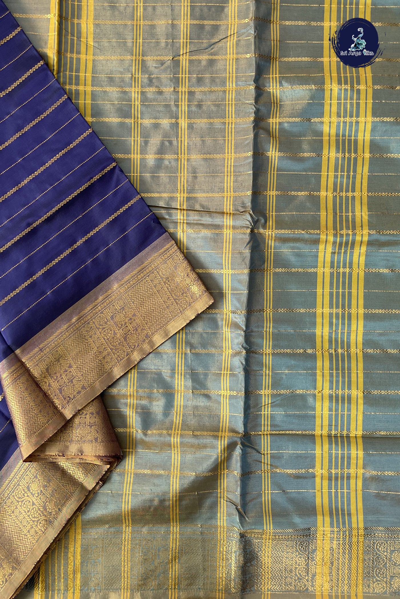 Violet Vaazhainaar Pattu Madisar Silk Saree With Veldhari Stripes Pattern