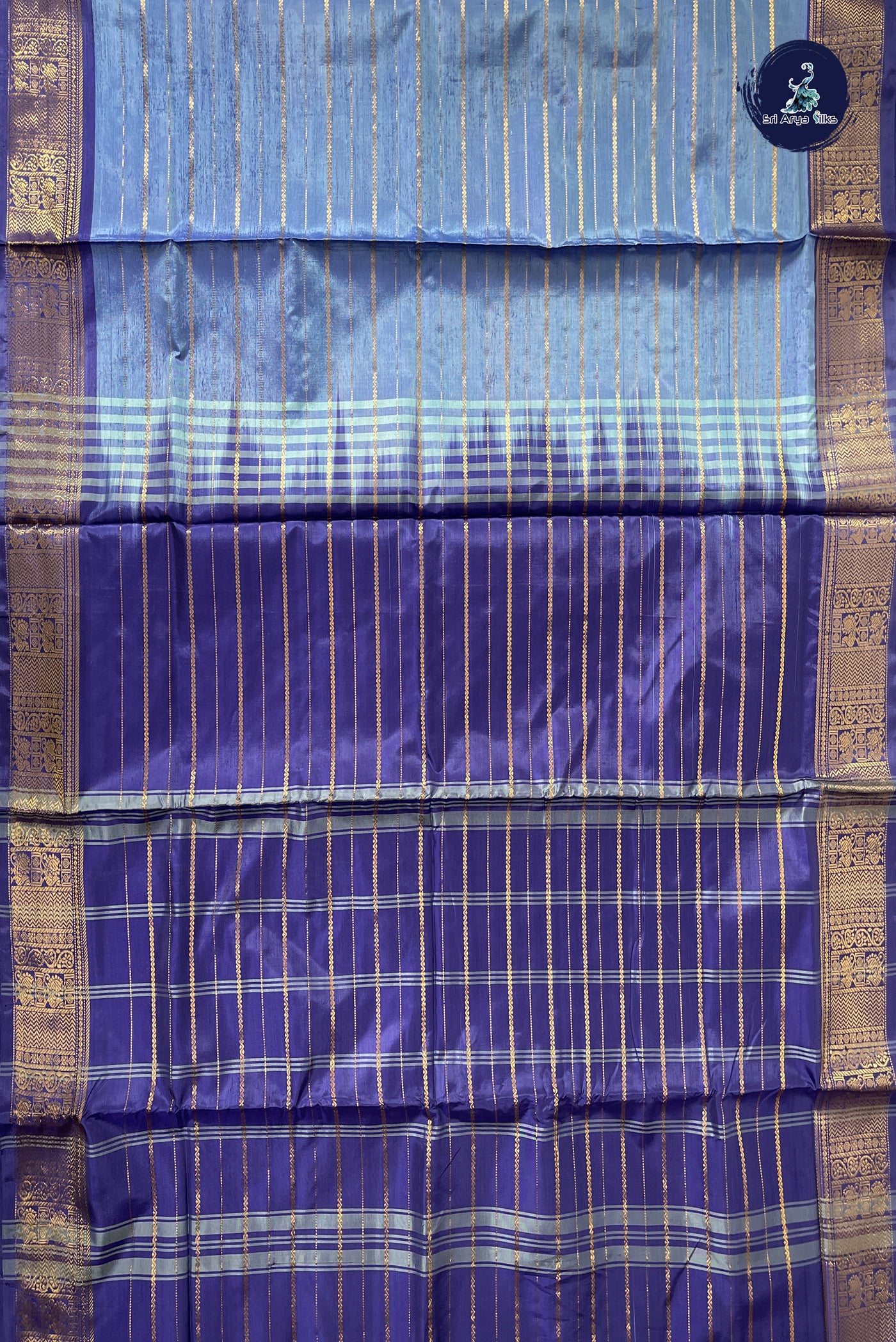 Dual Tone Blue Vaazhainaar Pattu Madisar Silk Saree With Veldhari Stripes Pattern