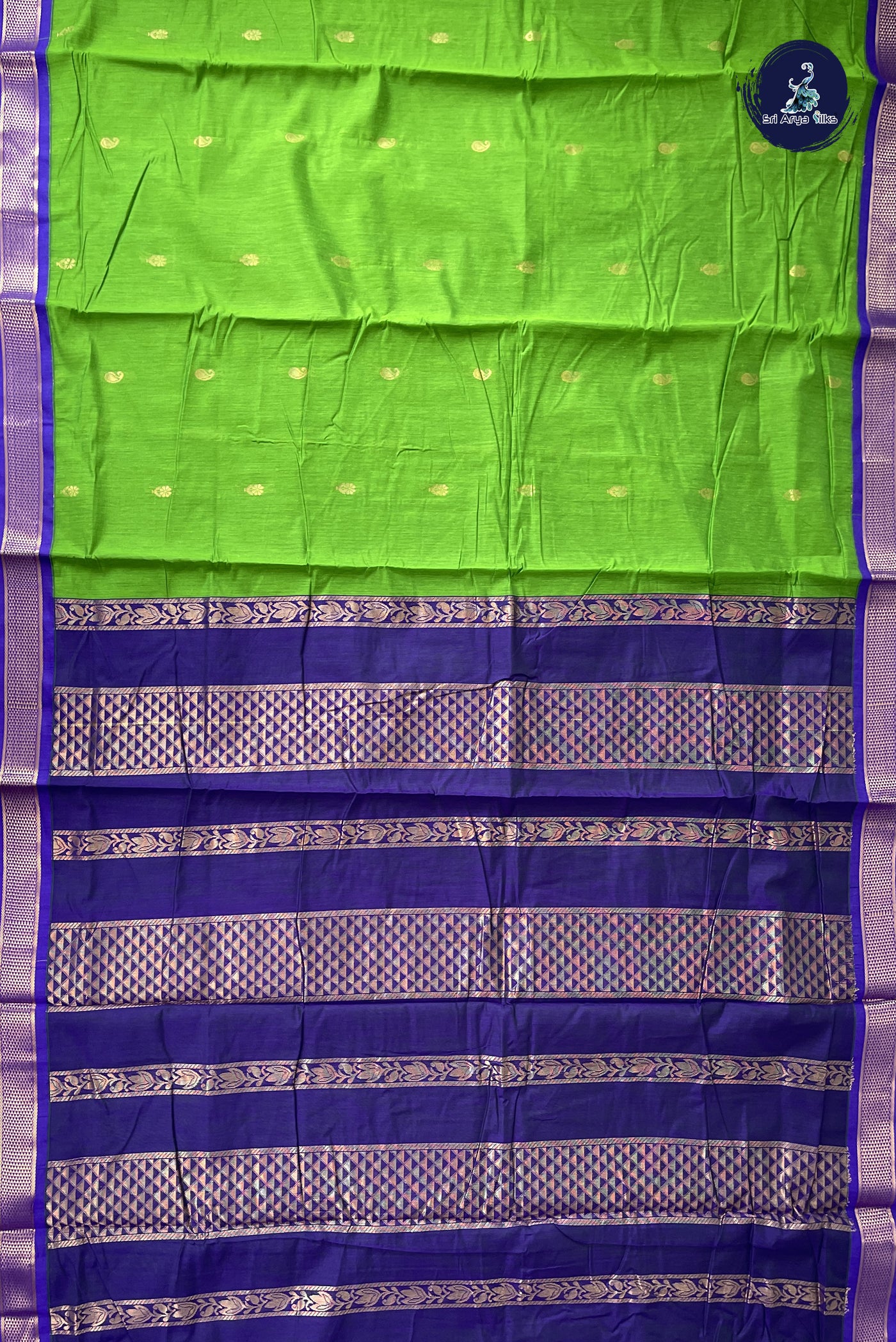 Parrot Green Madisar Semi Silk Cotton Saree With Zari Buttas Pattern