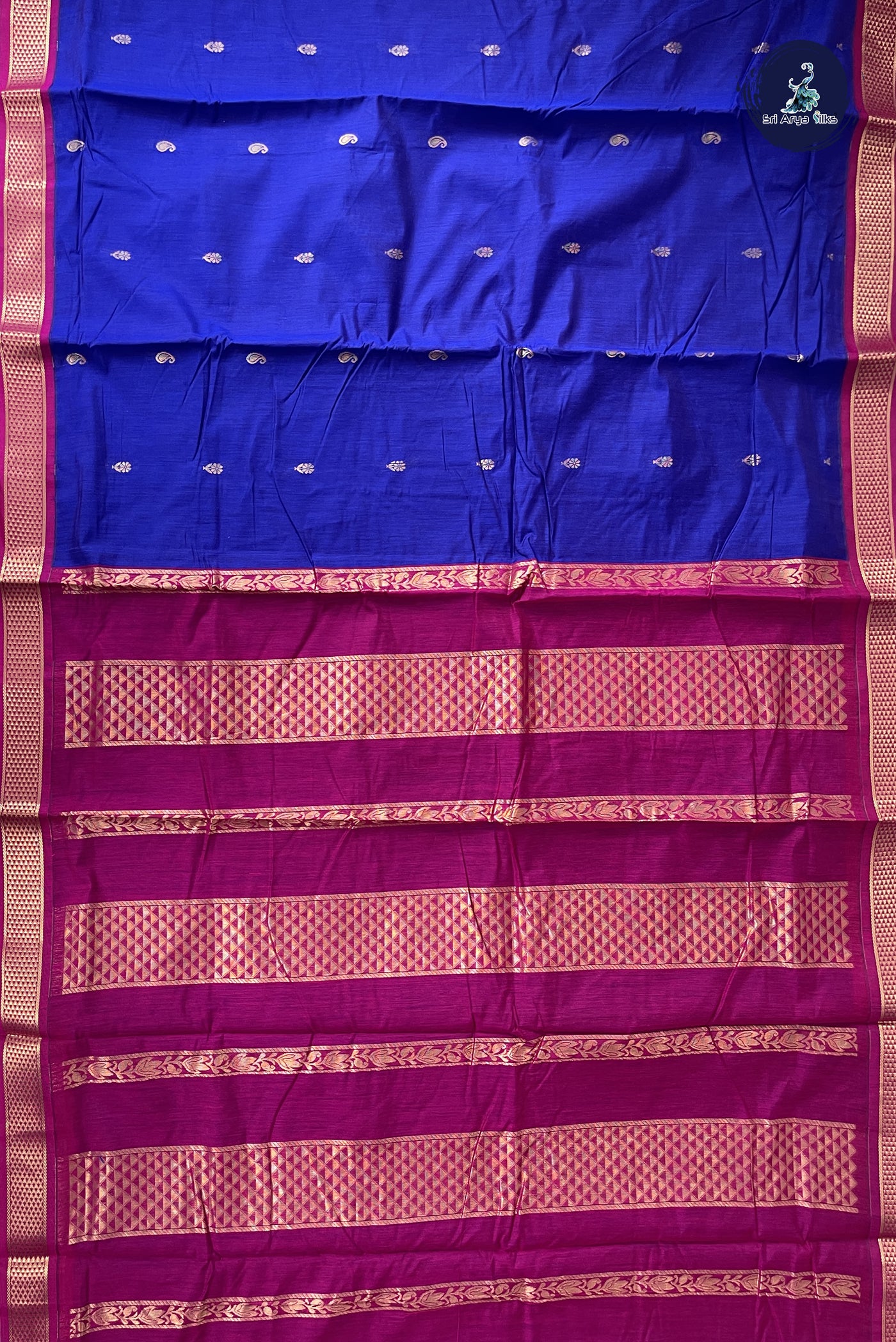 MS Blue Madisar Semi Silk Cotton Saree With Zari Buttas Pattern