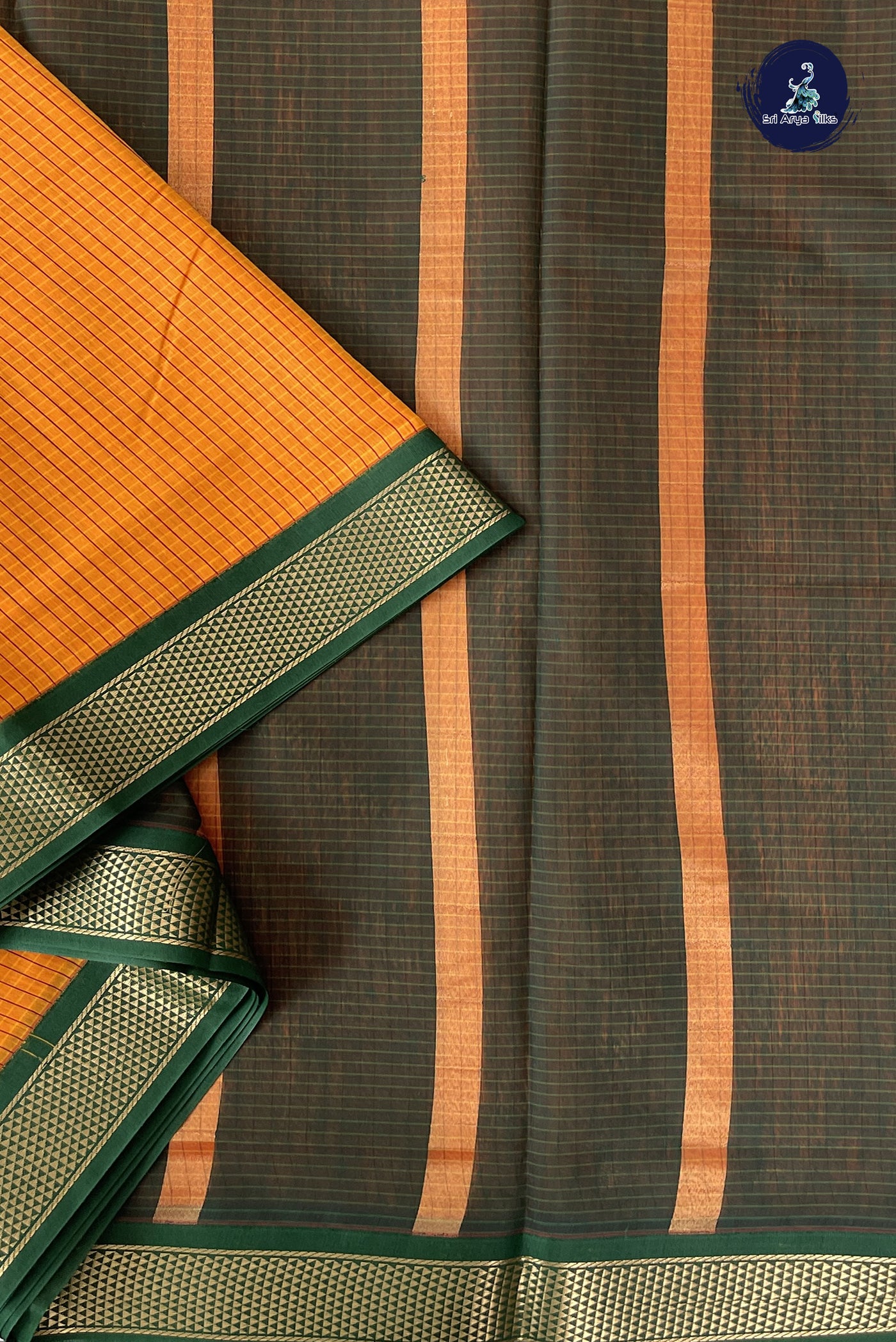 Yellowish Orange Madisar Semi Silk Cotton Saree With Checked Pattern