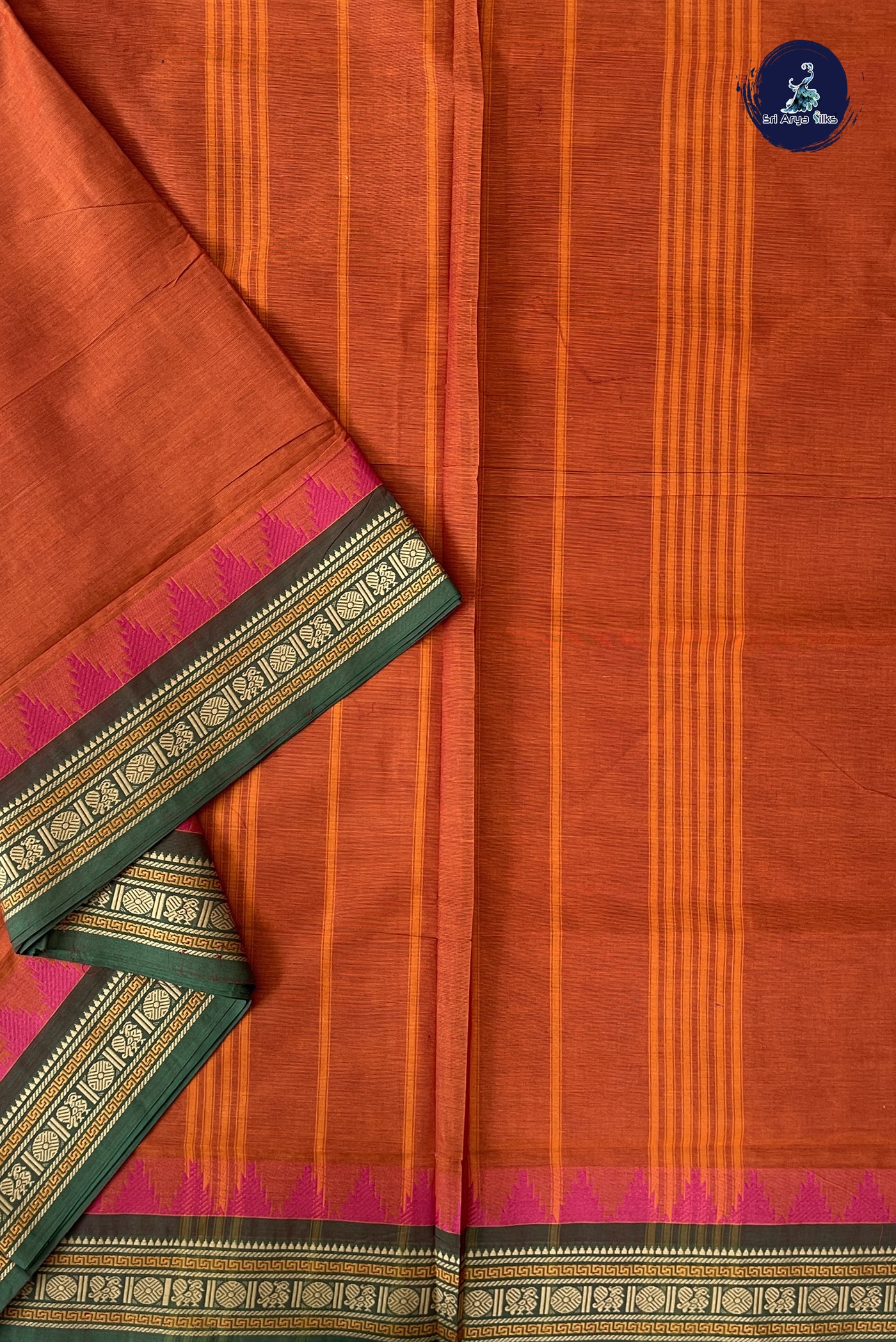 Rust 10 Yards Madisar Cotton Saree With Plain Pattern