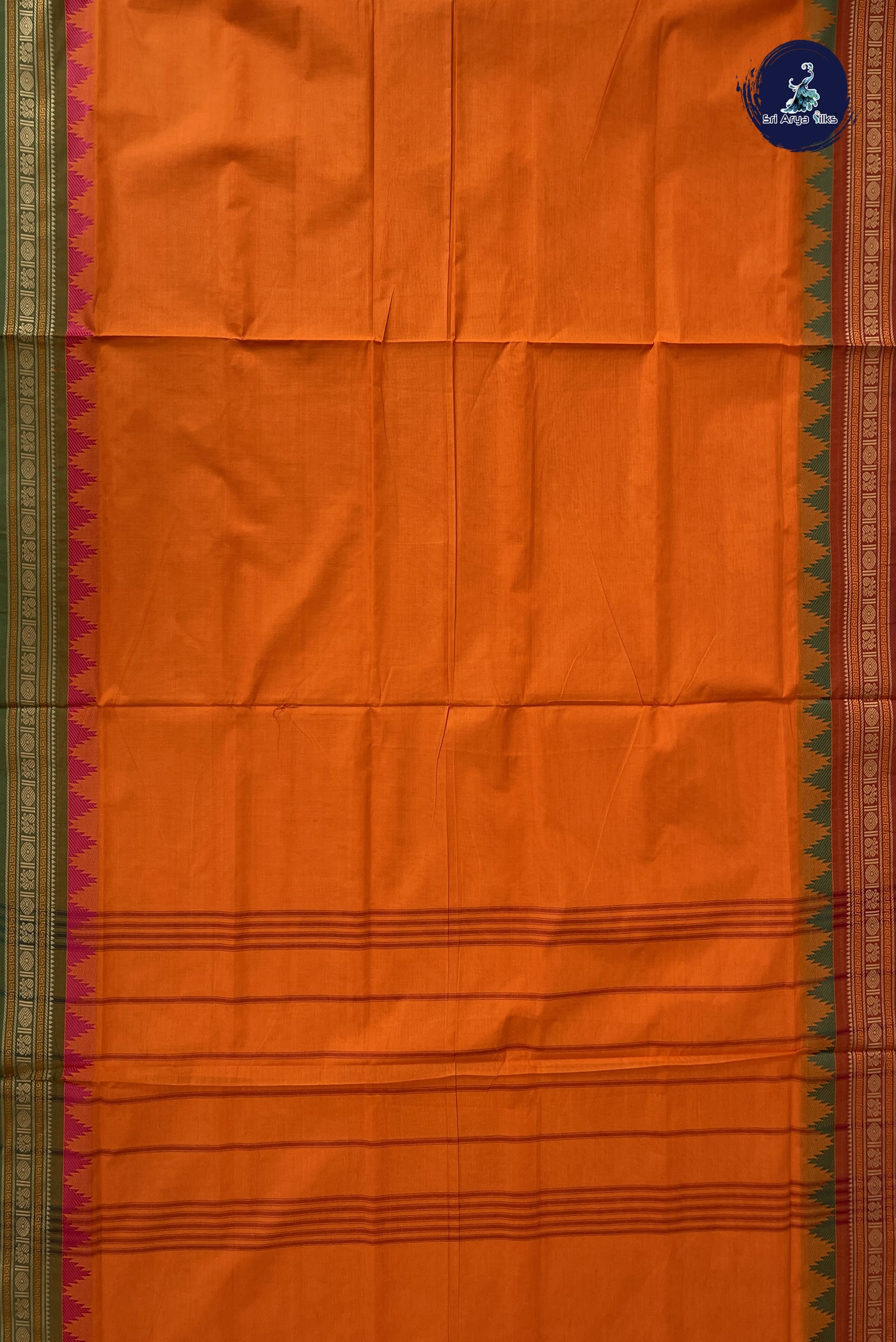 Yellowish Orange 10 Yards Madisar Cotton Saree With Plain Pattern