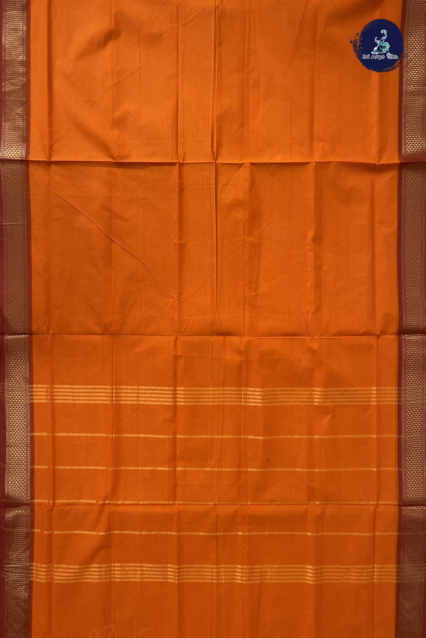 Yellowish Orange 10 Yards Madisar Cotton Saree With Plain Pattern