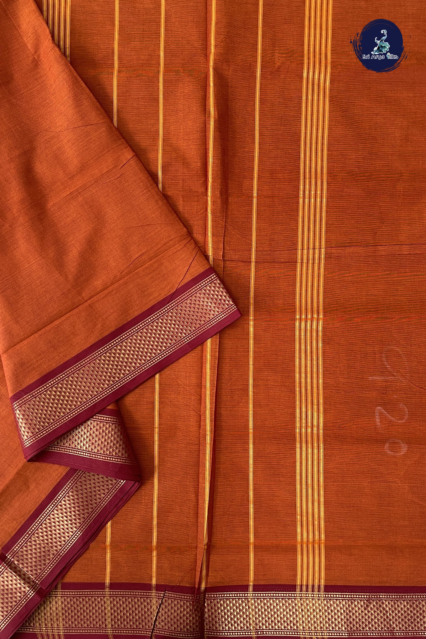 Rust 10 Yards Madisar Cotton Saree With Plain Pattern