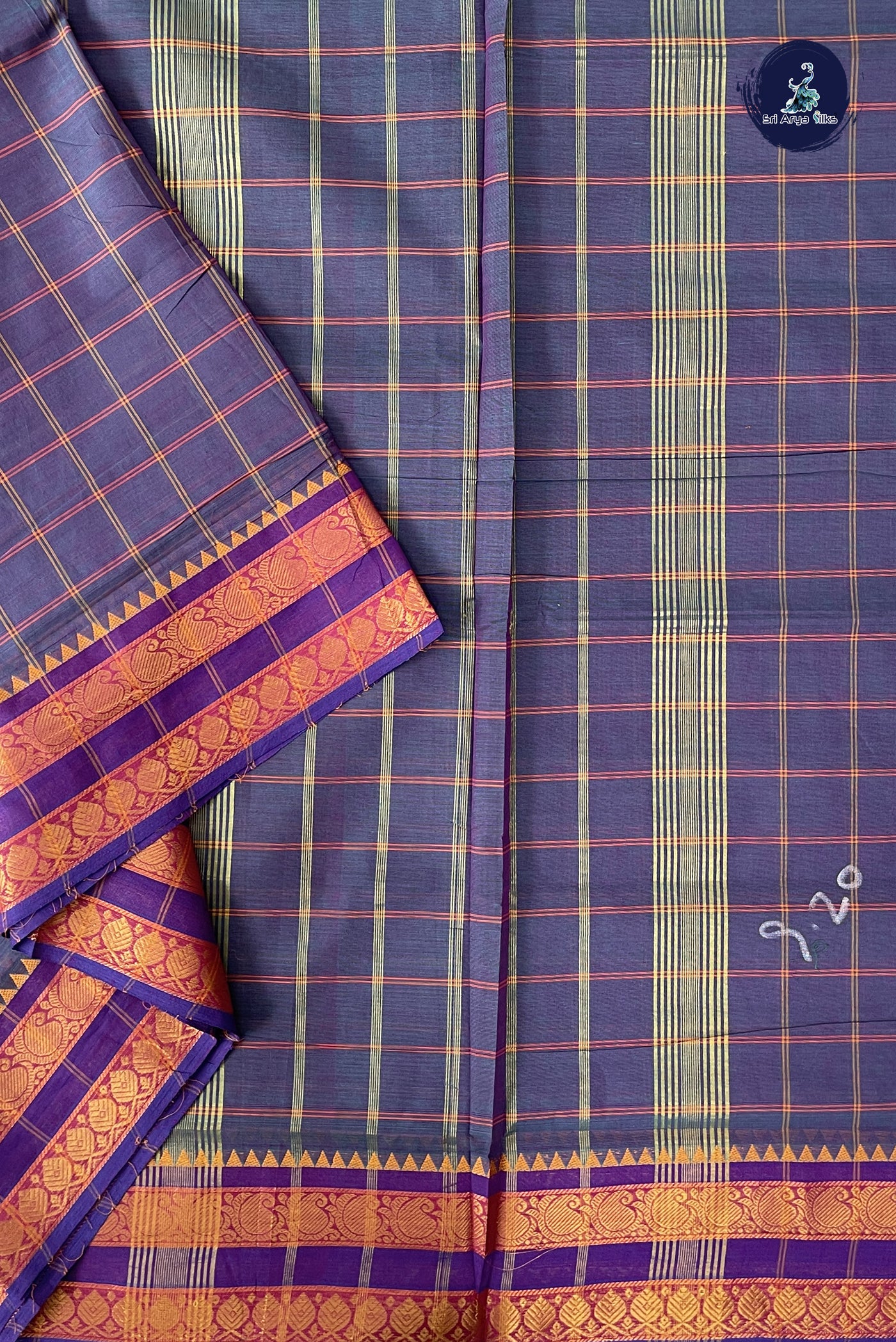 Dual Tone Blue 10 Yards Madisar Cotton Saree With Checked Pattern