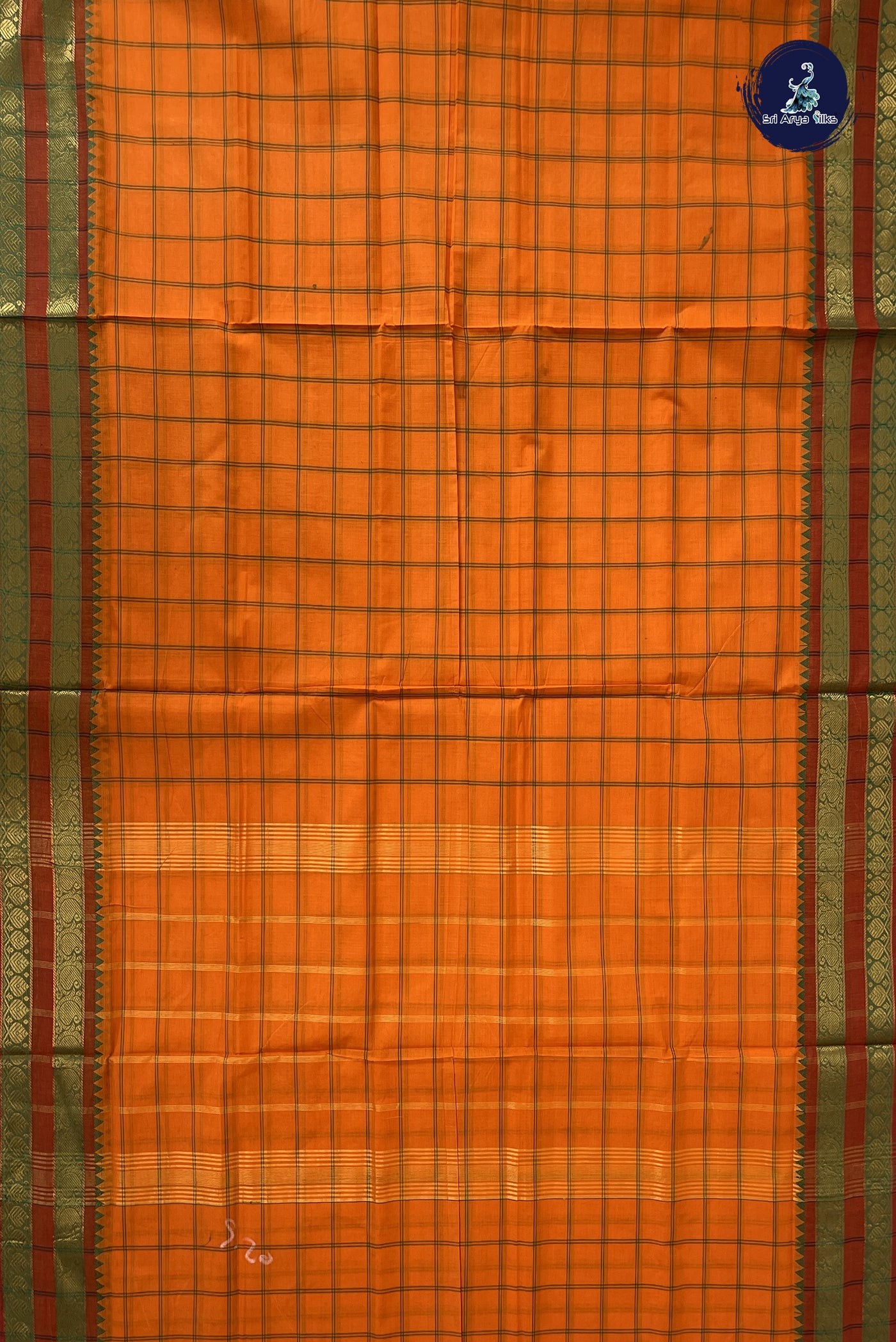 Yellowish Orange 10 Yards Madisar Cotton Saree With Checked Pattern