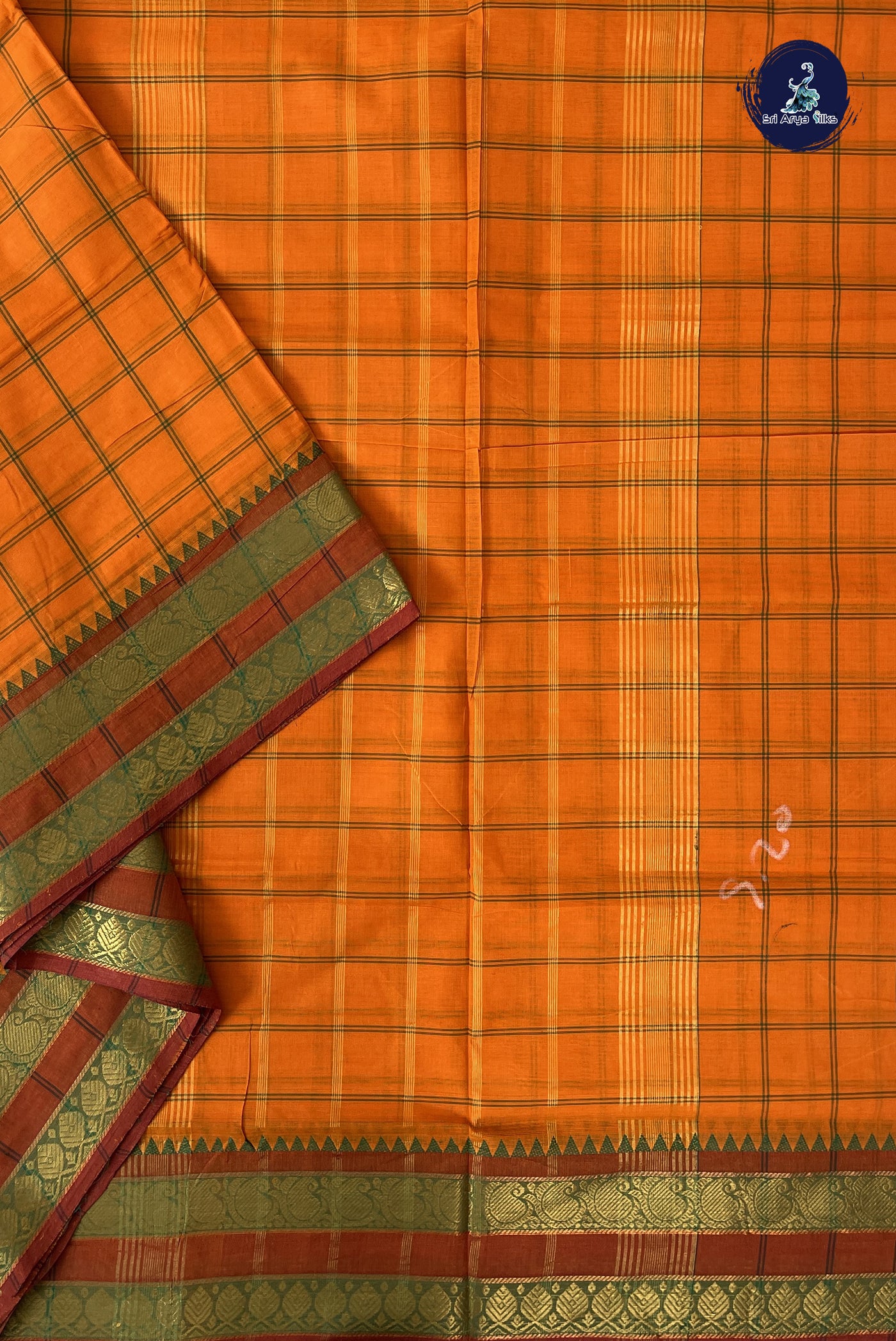 Yellowish Orange 10 Yards Madisar Cotton Saree With Checked Pattern