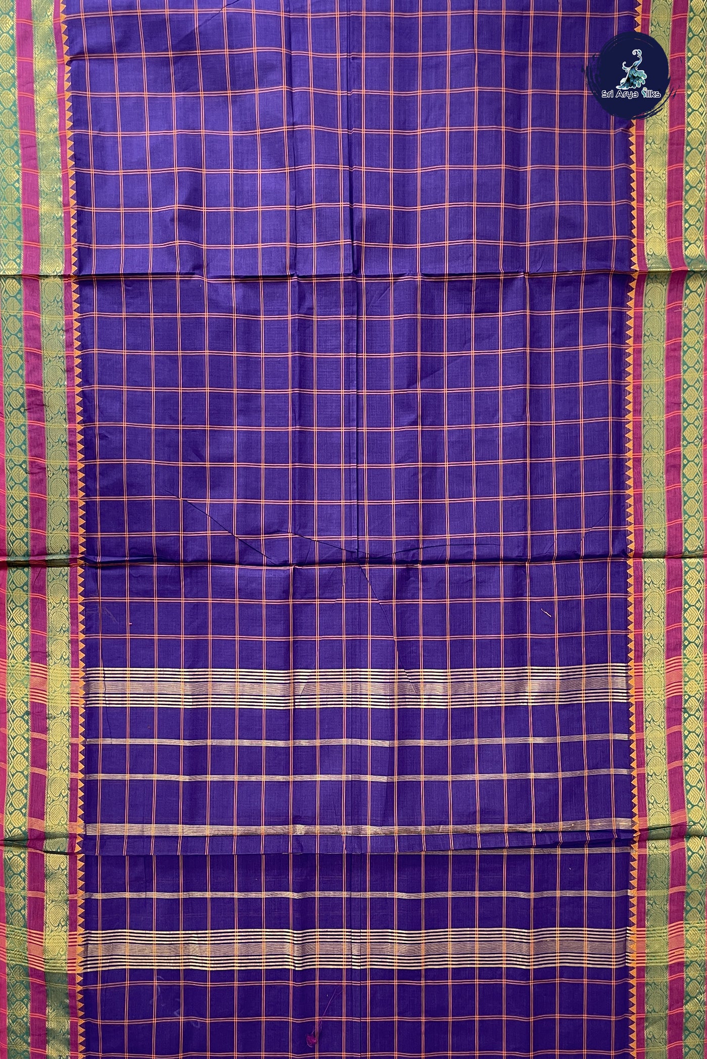 Violet 10 Yards Madisar Cotton Saree With Checked Pattern