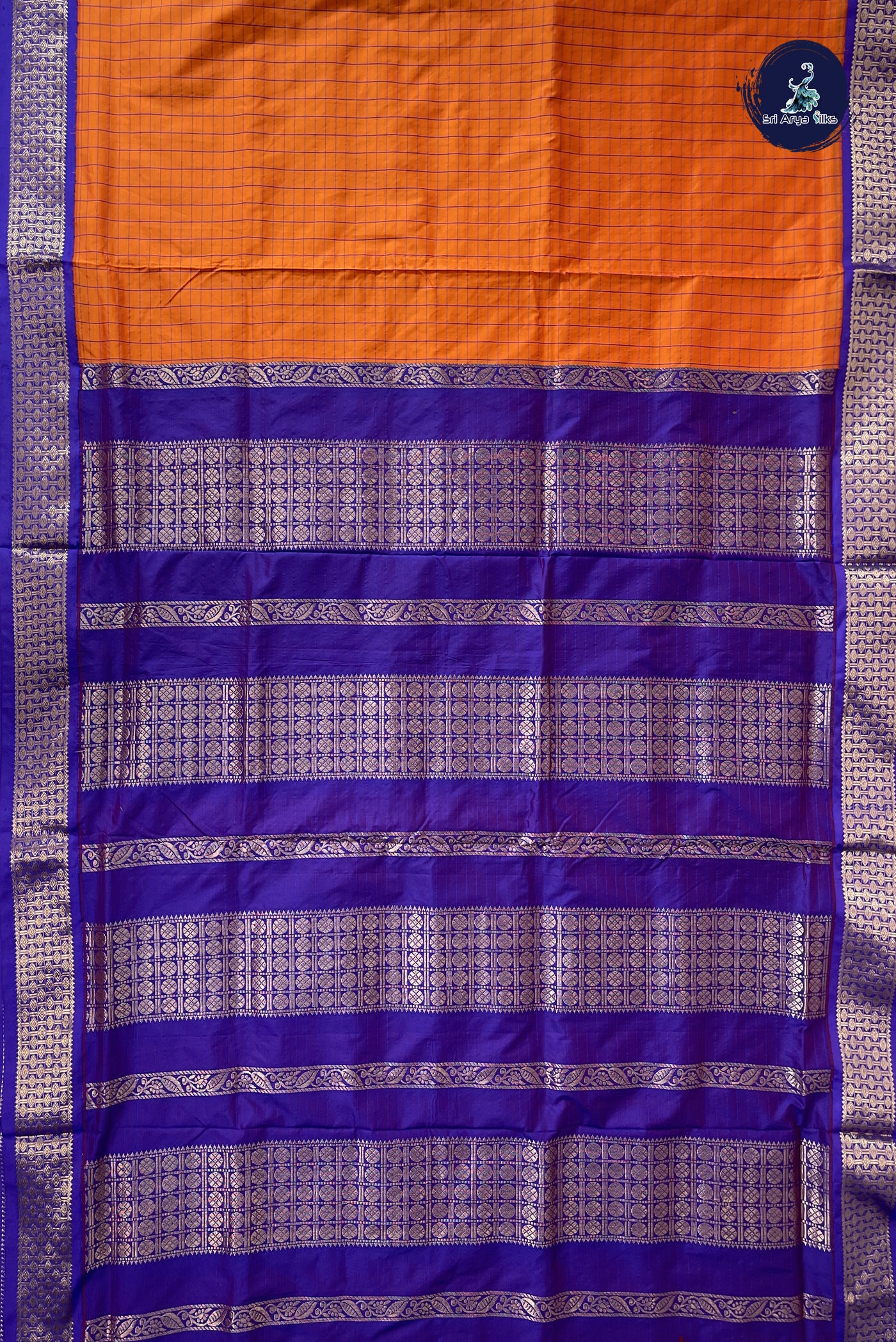 Orange Madisar Semi Silk Saree With Checked Pattern