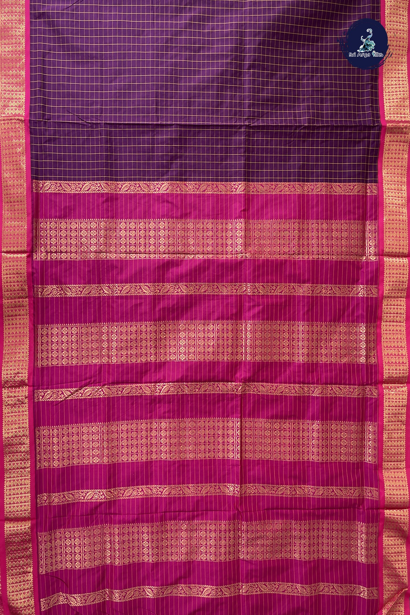 Dark Plum Madisar Semi Silk Saree With Checked Pattern