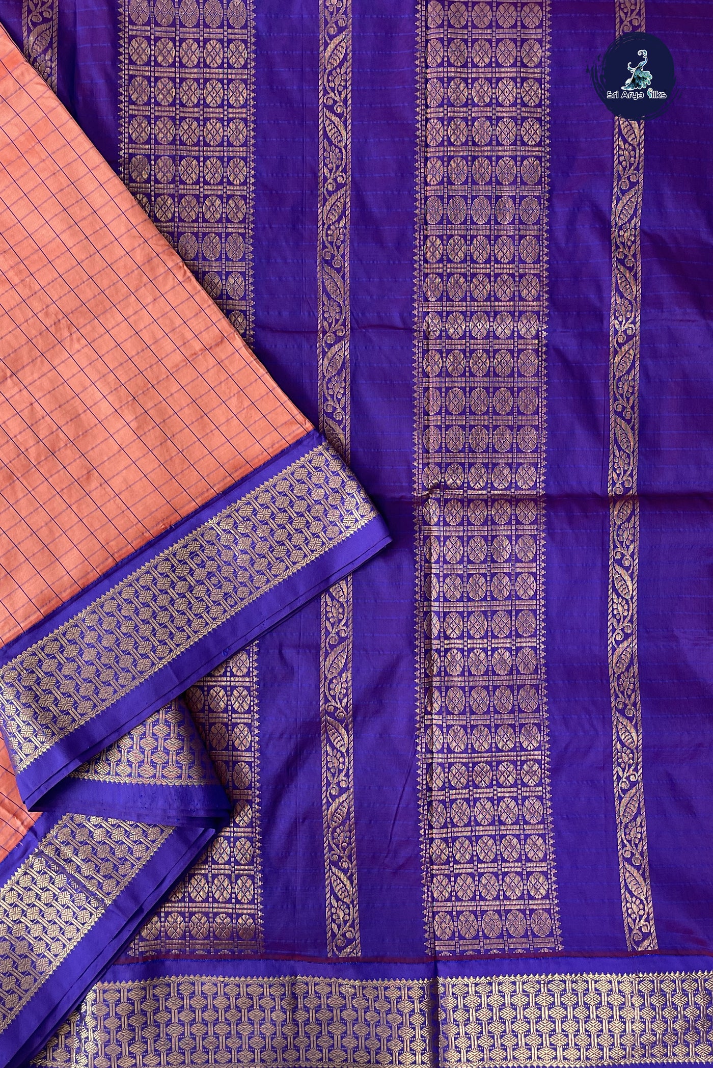 Peach Pink Madisar Semi Silk Saree With Checked Pattern