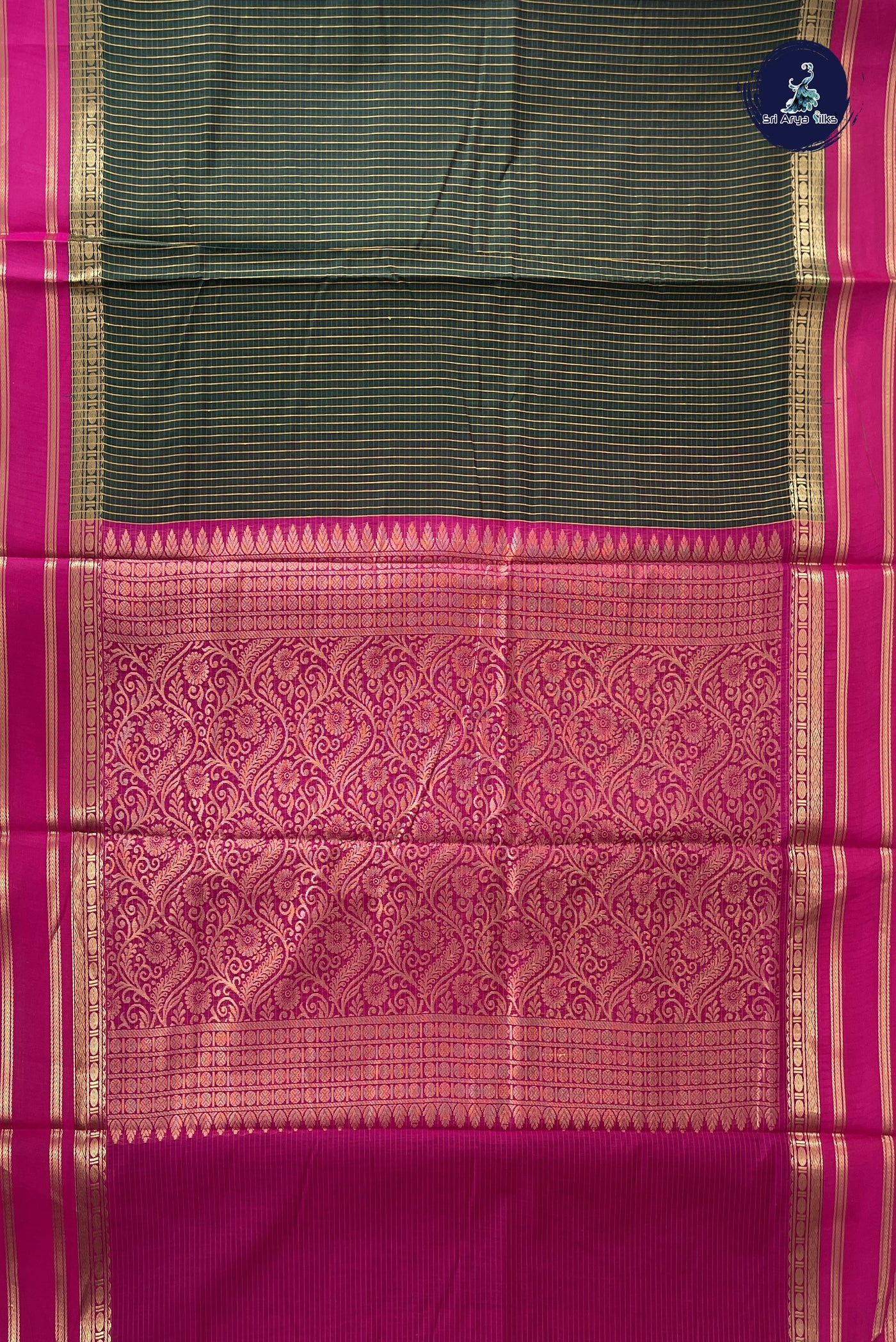 Bottle Green Madisar Semi Silk Cotton Saree With Checked Pattern
