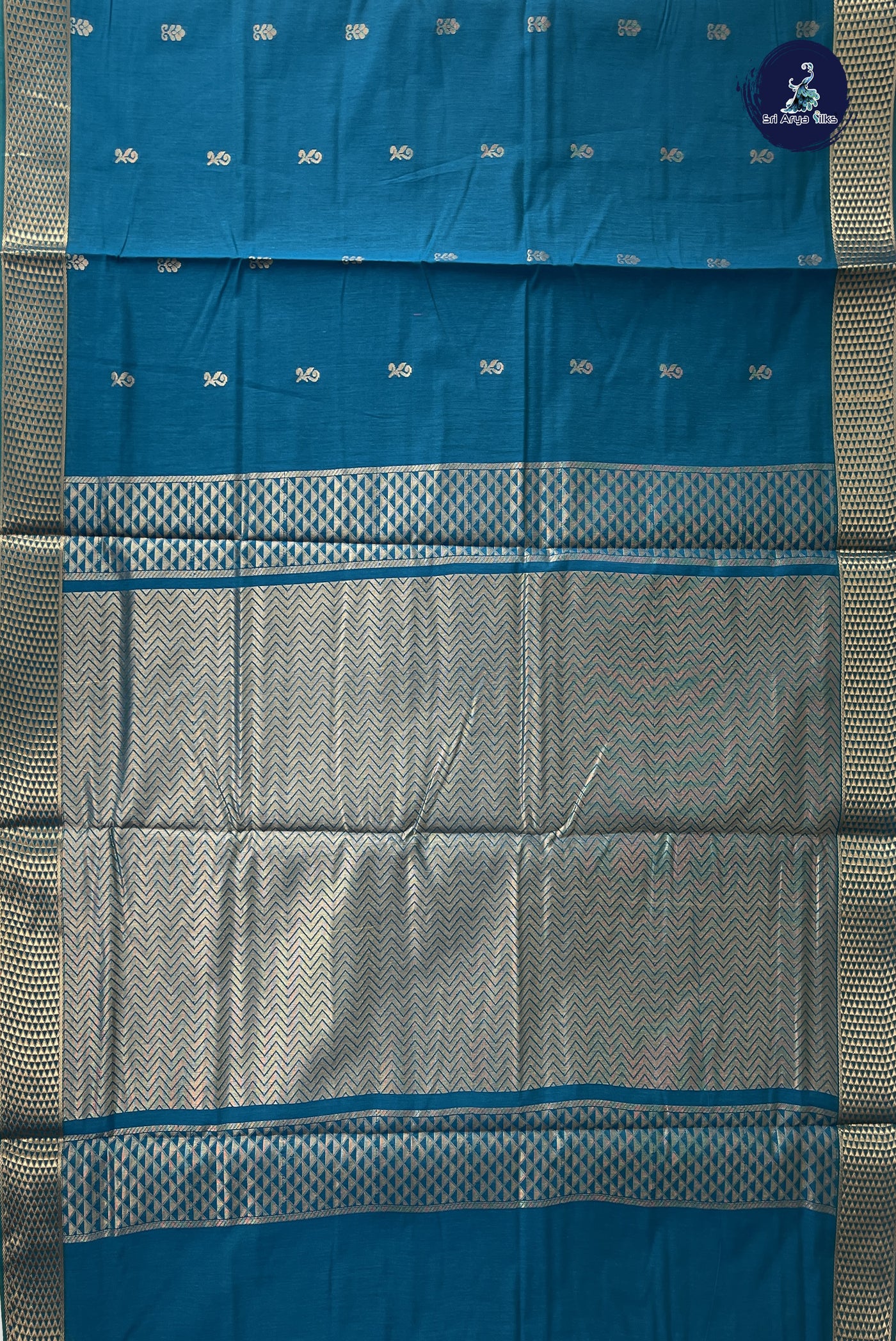 Sapphire Green Madisar Semi Silk Cotton Saree With Zari Buttas Pattern